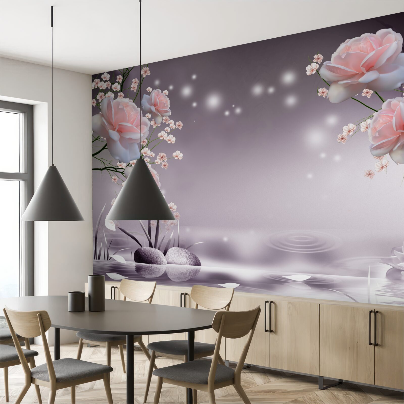 Carta da parati fiori rosa brillante raffigurati su uno sfondo astratto