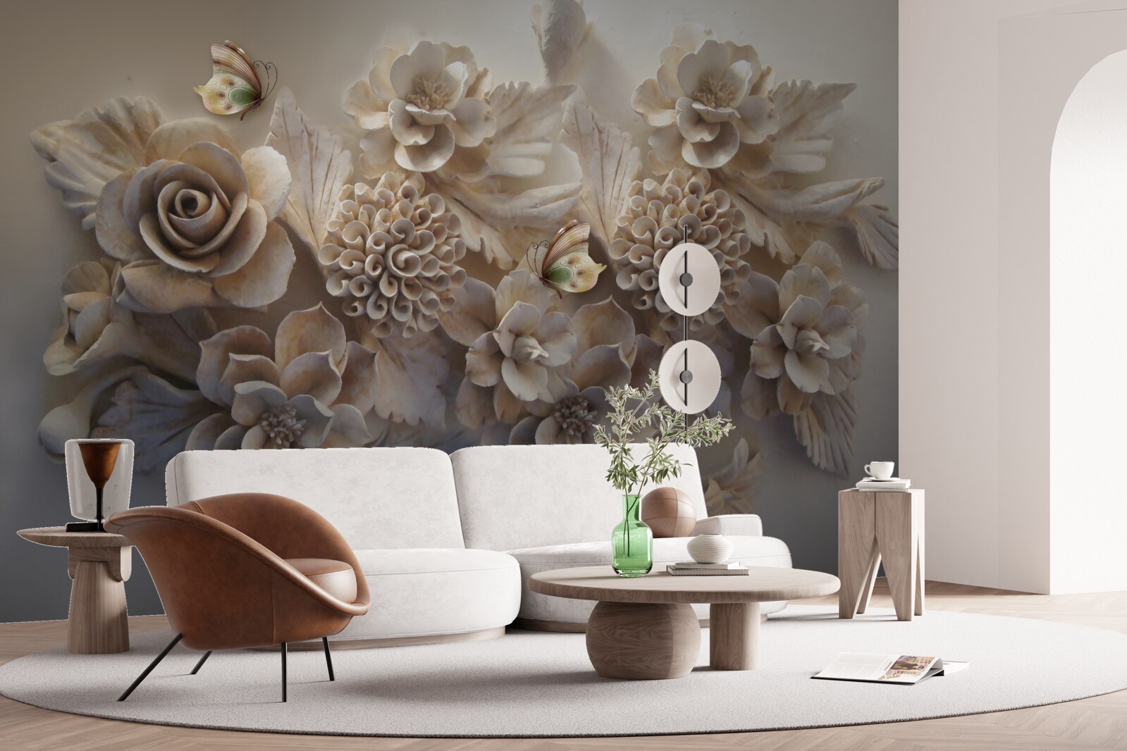 Carta da parati set di fiori grandi in tonalità crema
