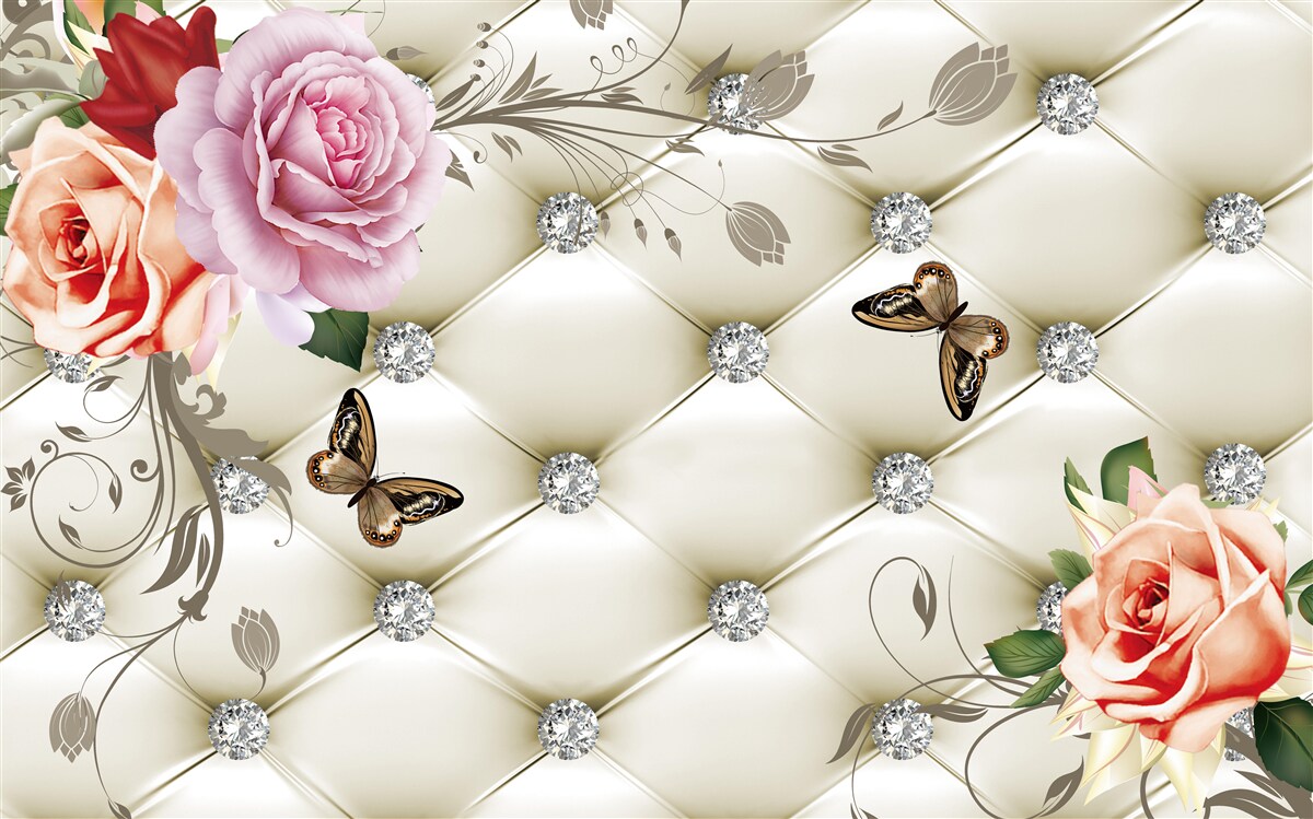 Carta da parati Parete decorata con rose e farfalle su sfondo bianco trapuntato