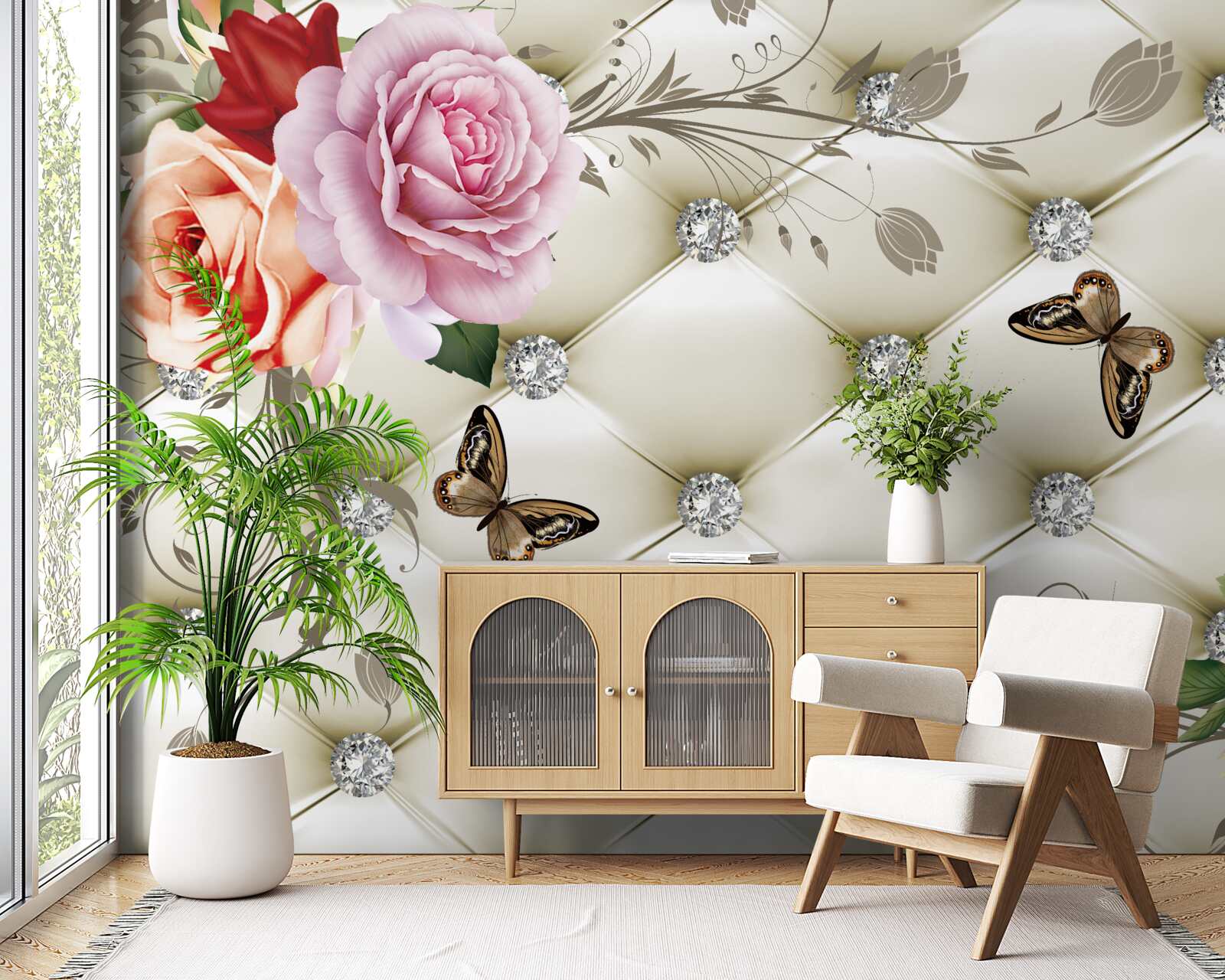 Carta da parati Parete decorata con rose e farfalle su sfondo bianco trapuntato