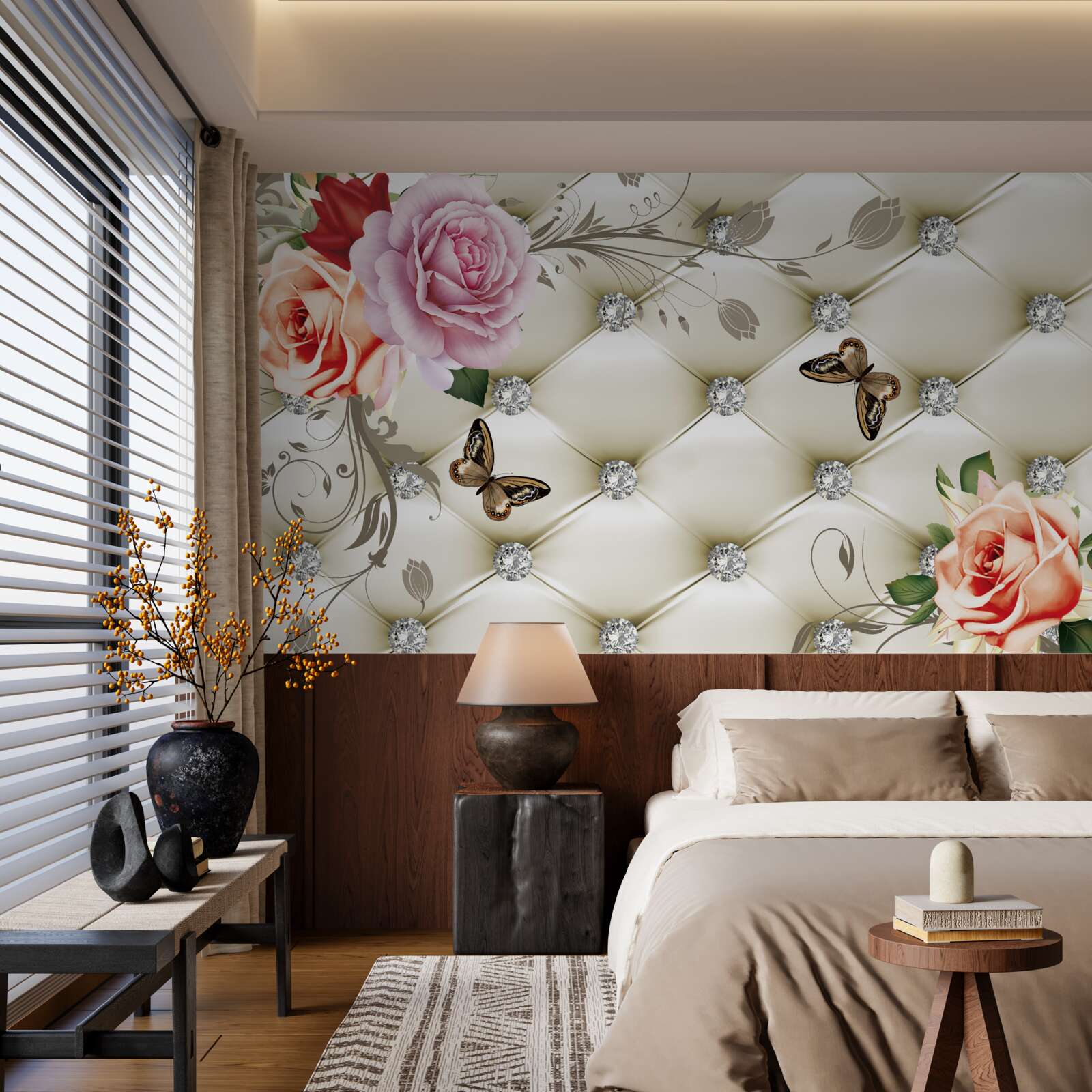 Carta da parati Parete decorata con rose e farfalle su sfondo bianco trapuntato