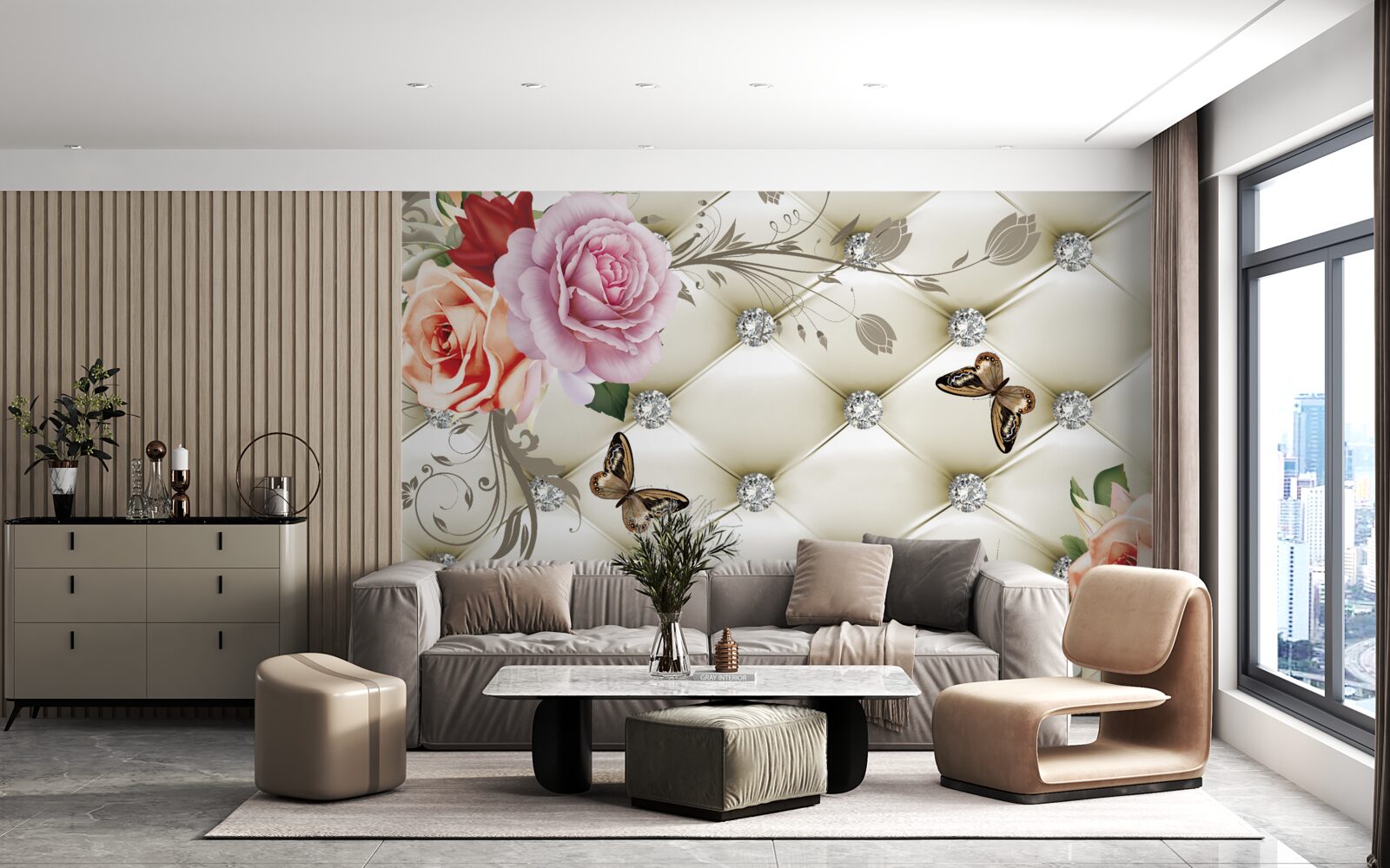 Carta da parati Parete decorata con rose e farfalle su sfondo bianco trapuntato
