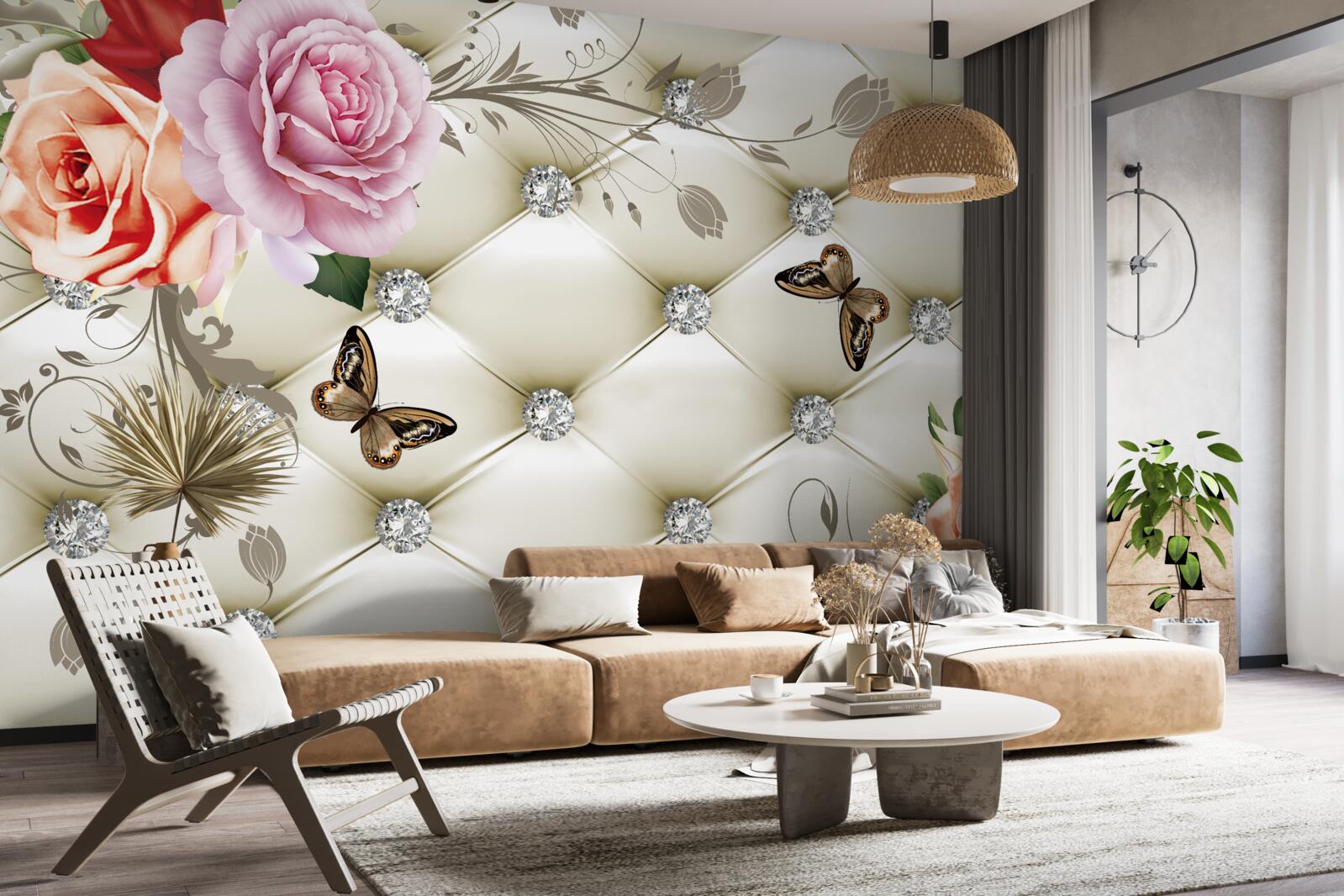 Carta da parati Parete decorata con rose e farfalle su sfondo bianco trapuntato