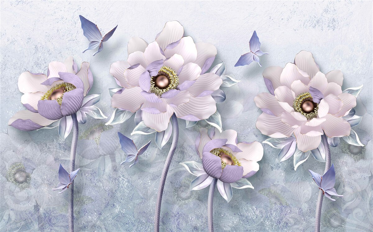 Carta da parati farfalle viola e fiori di eccezionale delicatezza