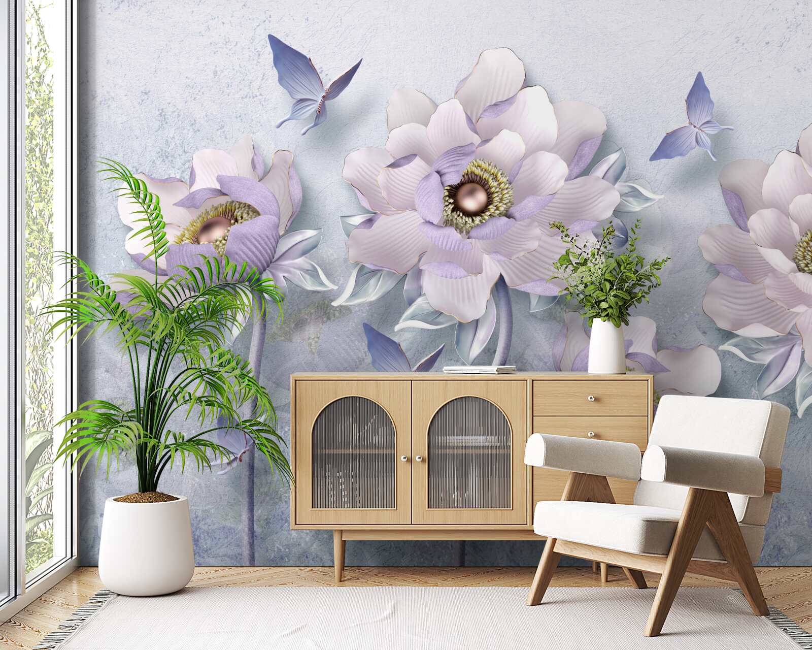 Carta da parati farfalle viola e fiori di eccezionale delicatezza