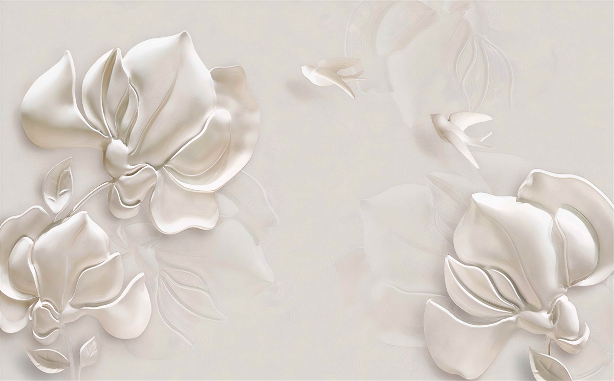 Carta da parati uccelli e fiori in materiale bianco