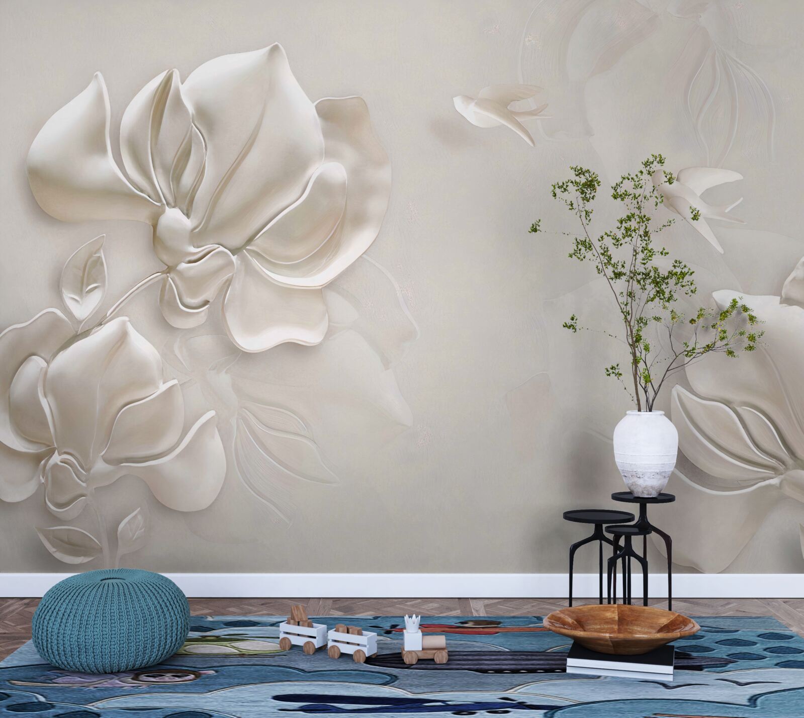 Carta da parati uccelli e fiori in materiale bianco