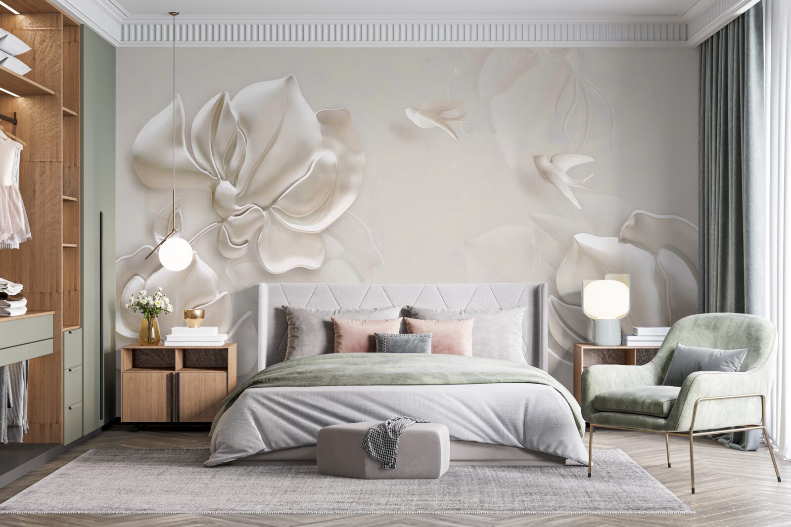 Carta da parati uccelli e fiori in materiale bianco