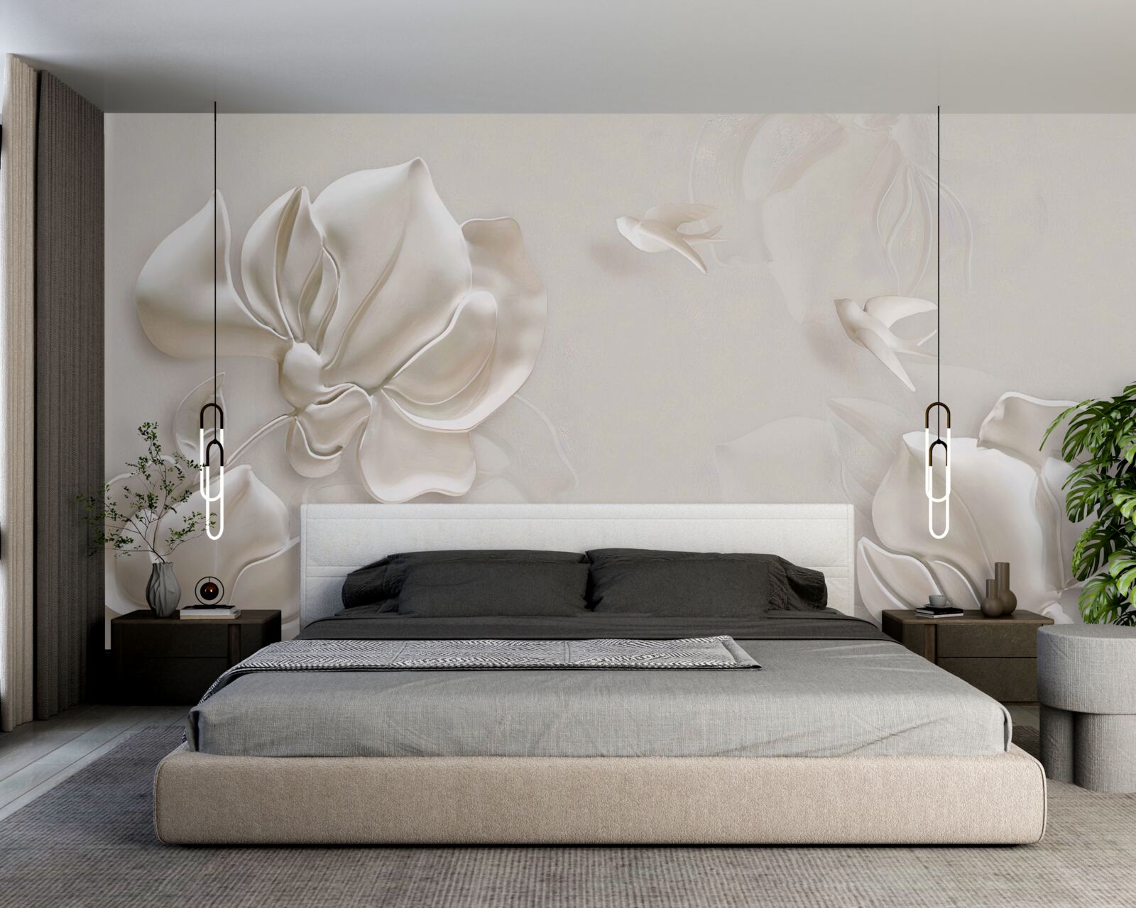 Carta da parati uccelli e fiori in materiale bianco