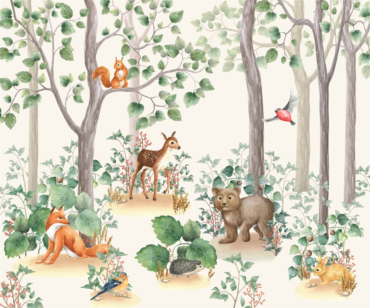 Carta da parati animali e uccelli in un bosco da favola