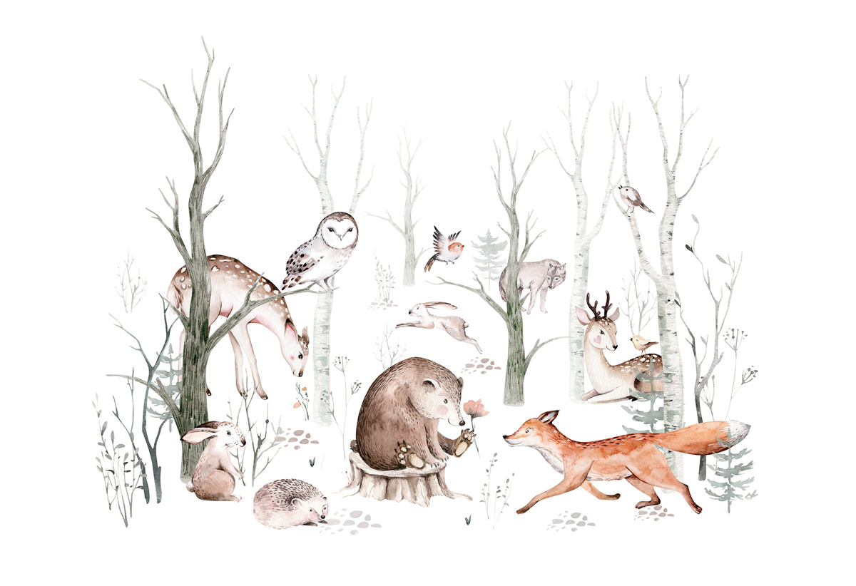 Carta da parati animali della foresta raffigurati ad acquerello