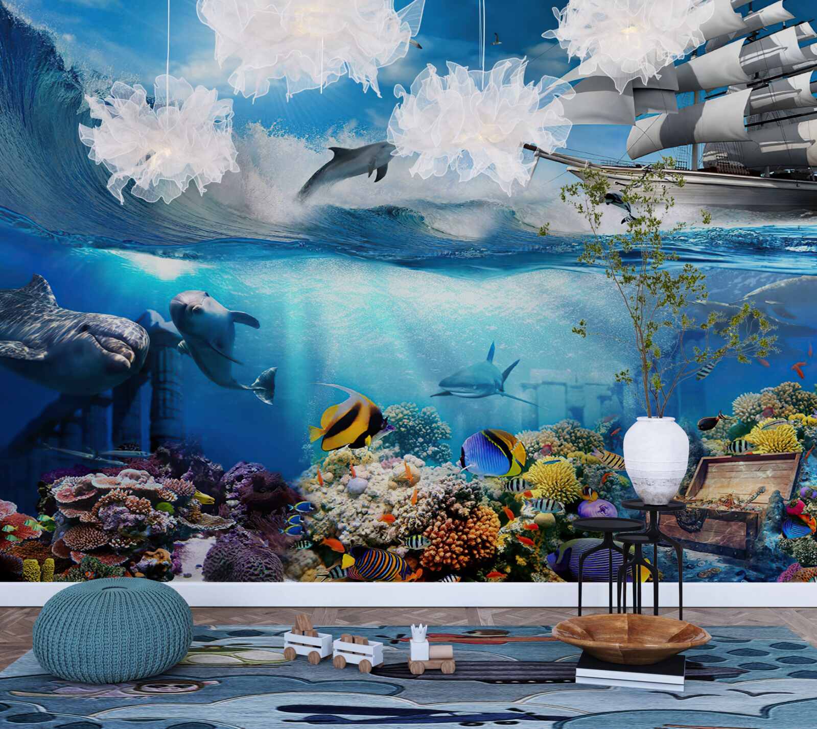 Carta da parati la nave e l'universo acquatico sotto di essa