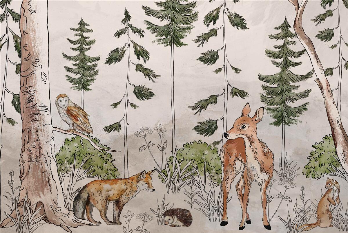 Carta da parati animali che attraversano la foresta