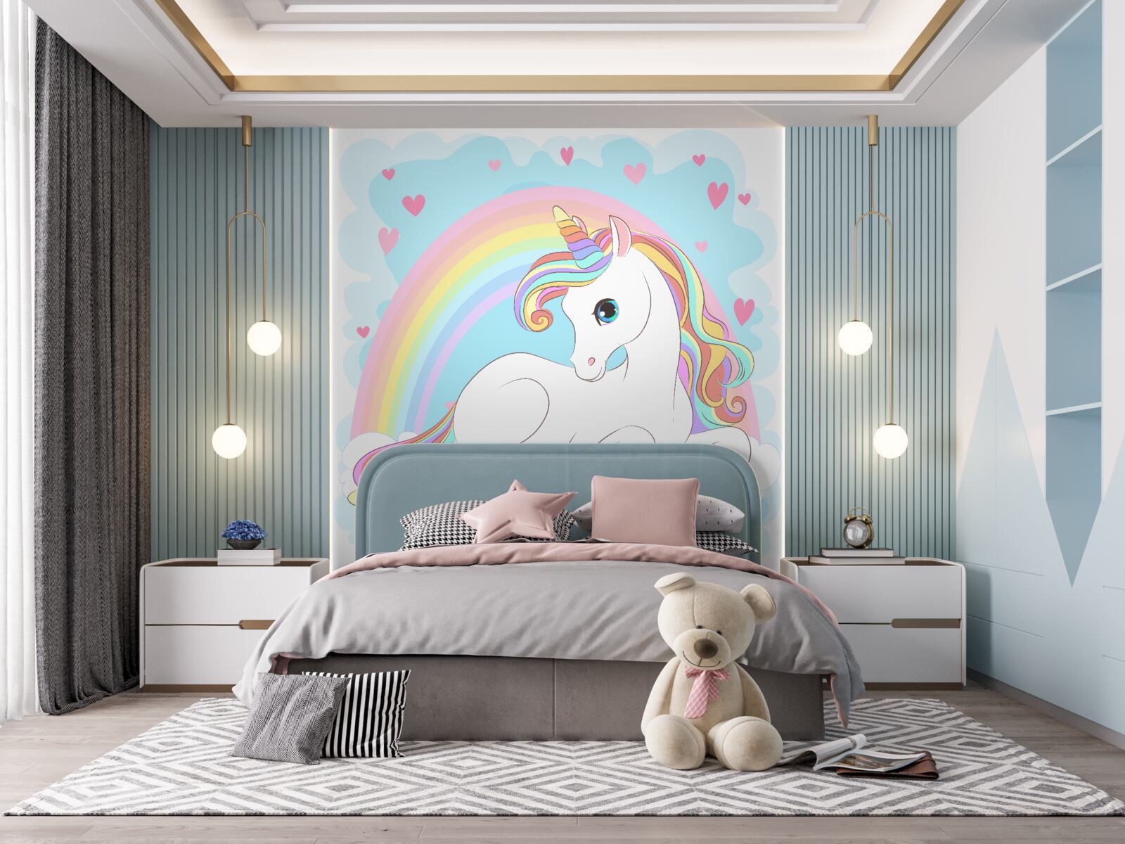 Carta da parati unicorno su sfondo arcobaleno