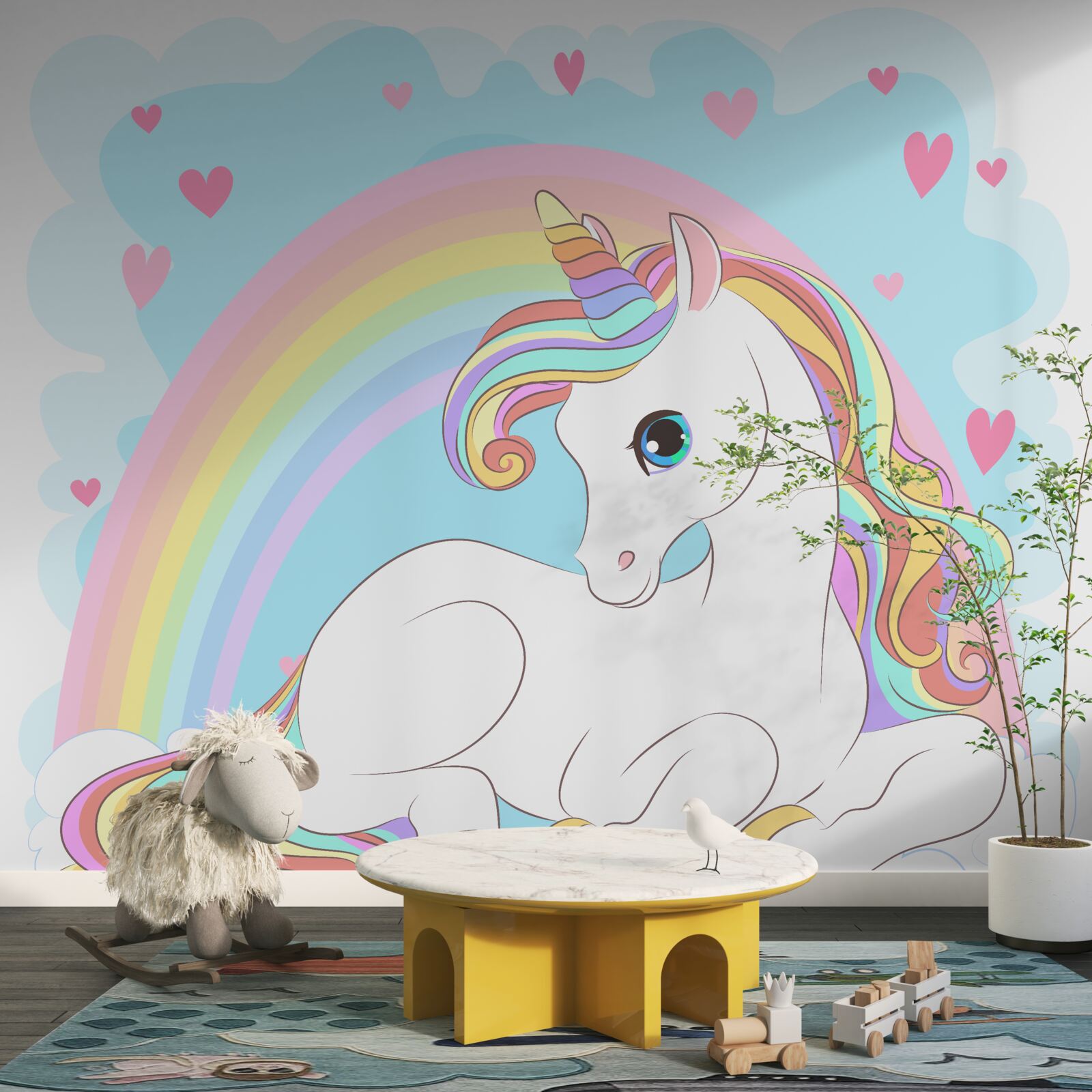 Carta da parati unicorno su sfondo arcobaleno