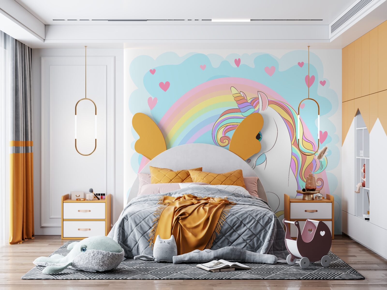 Carta da parati unicorno su sfondo arcobaleno