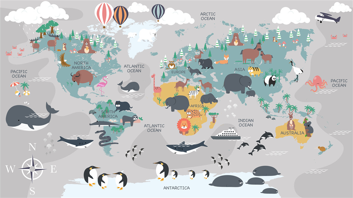 Carta da parati mappa del mondo su sfondo grigio