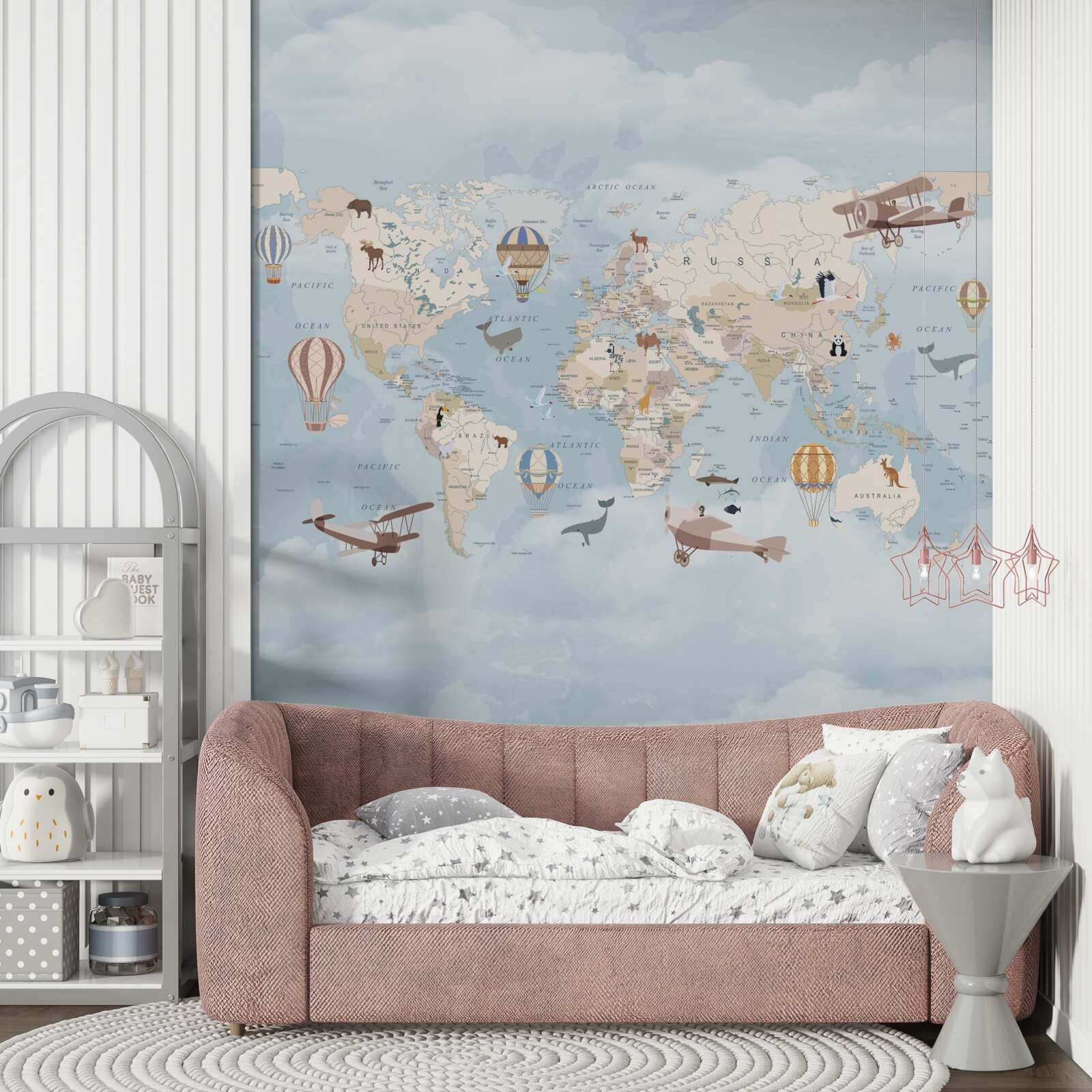 Carta da parati mappa del mondo contro un cielo nuvoloso