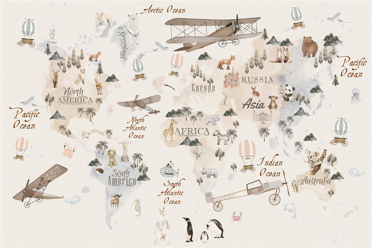 Carta da parati mappa del mondo con immagini di diversi animali e mezzi di trasporto