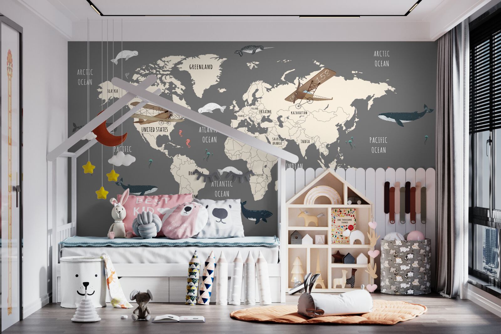 Carta da parati mappa del mondo con la vita marina