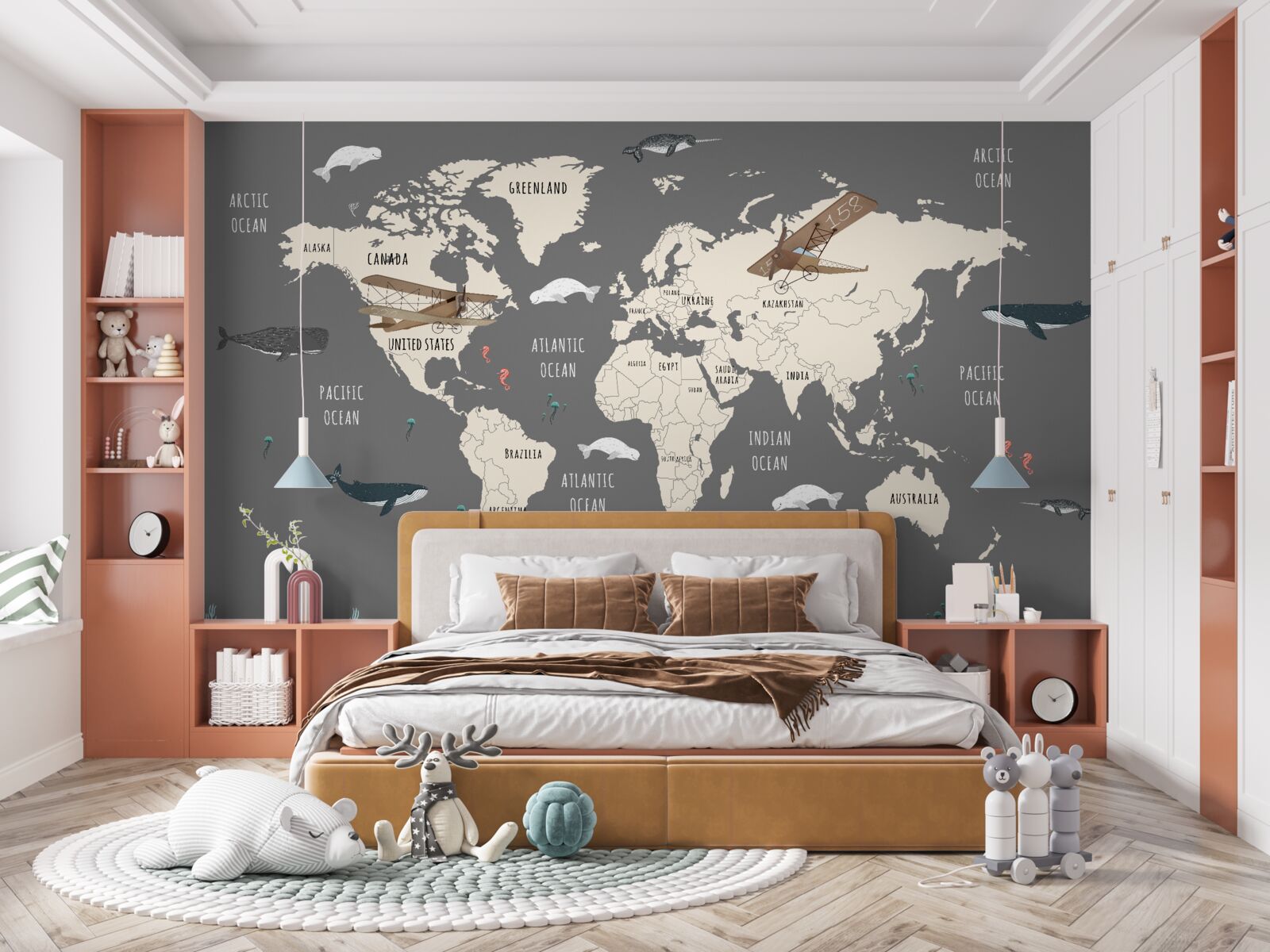 Carta da parati mappa del mondo con la vita marina