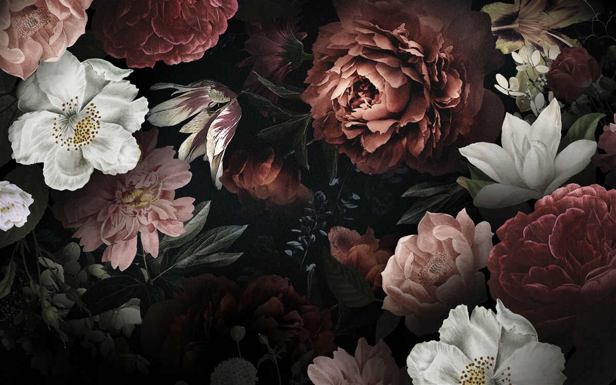 Carta da parati fiori di varie tonalità su sfondo nero