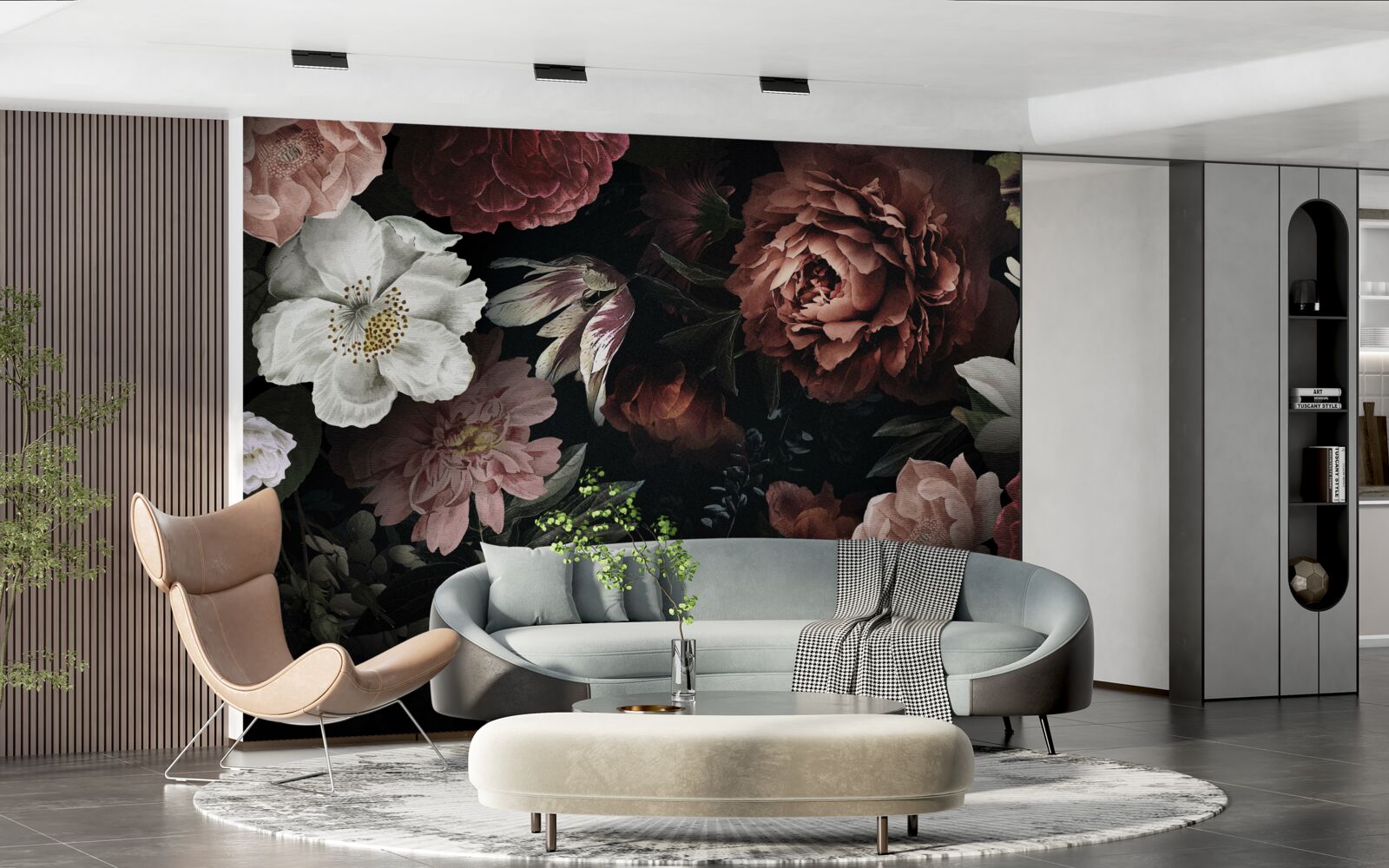Carta da parati fiori di varie tonalità su sfondo nero