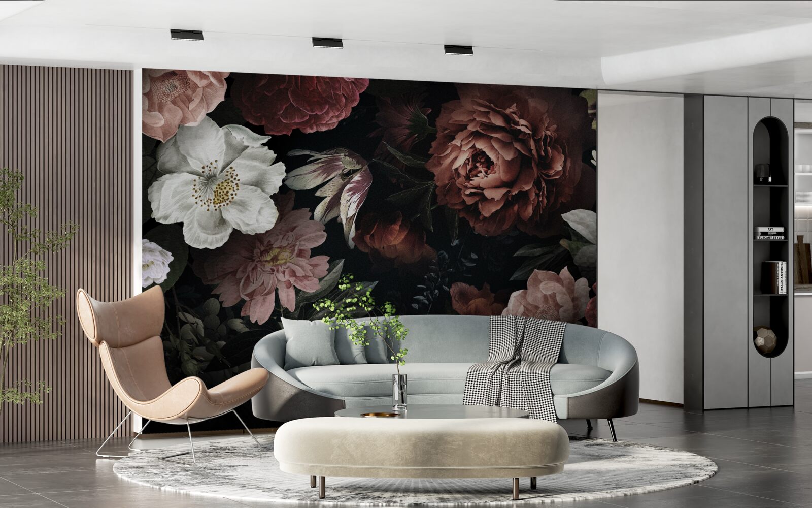 Carta da parati fiori di varie tonalità su sfondo nero