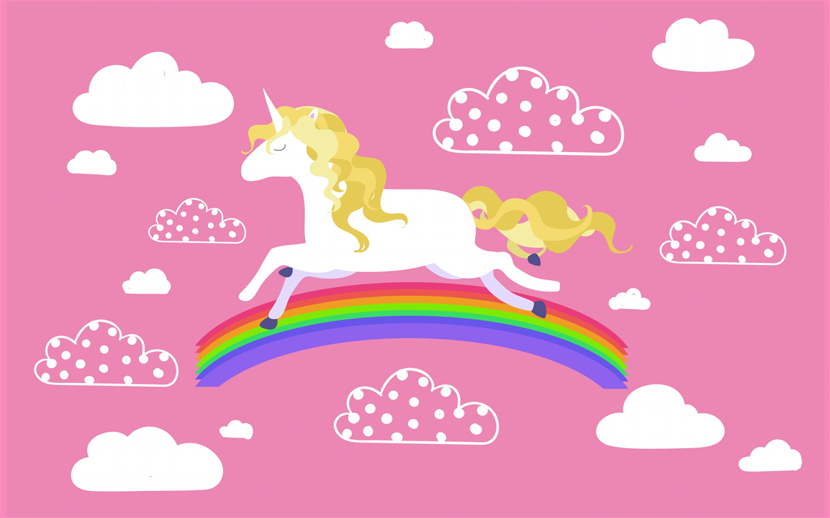 Carta da parati unicorno che corre su un arcobaleno