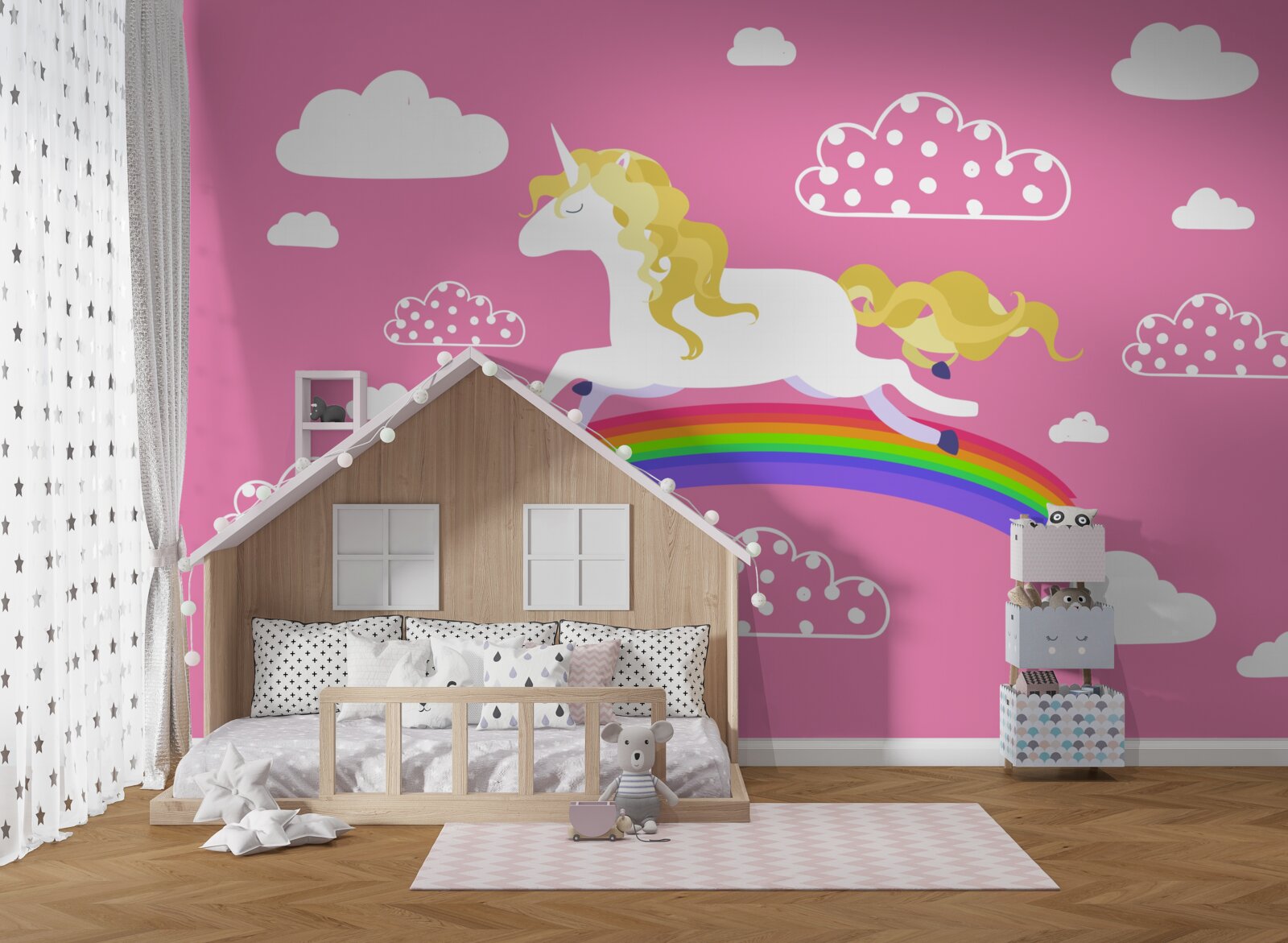 Carta da parati unicorno che corre su un arcobaleno