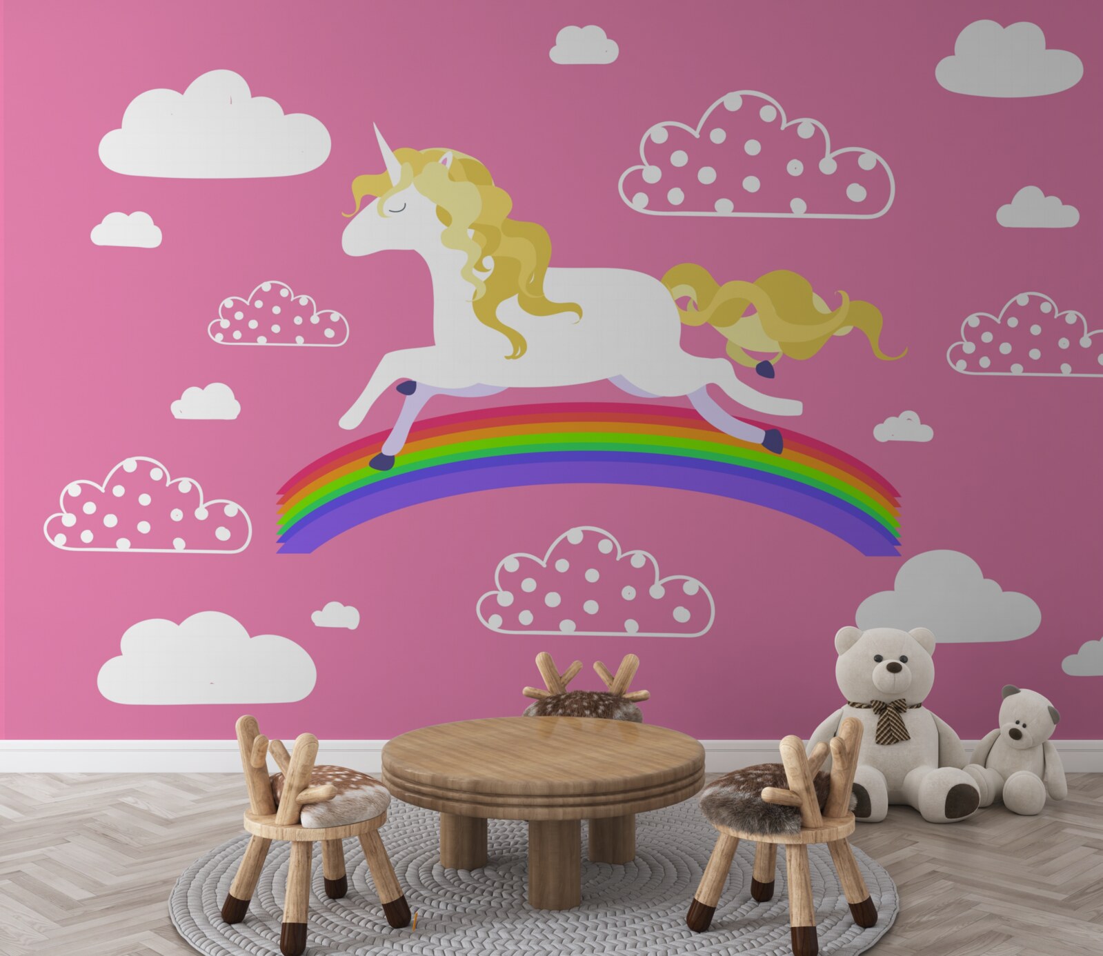 Carta da parati unicorno che corre su un arcobaleno