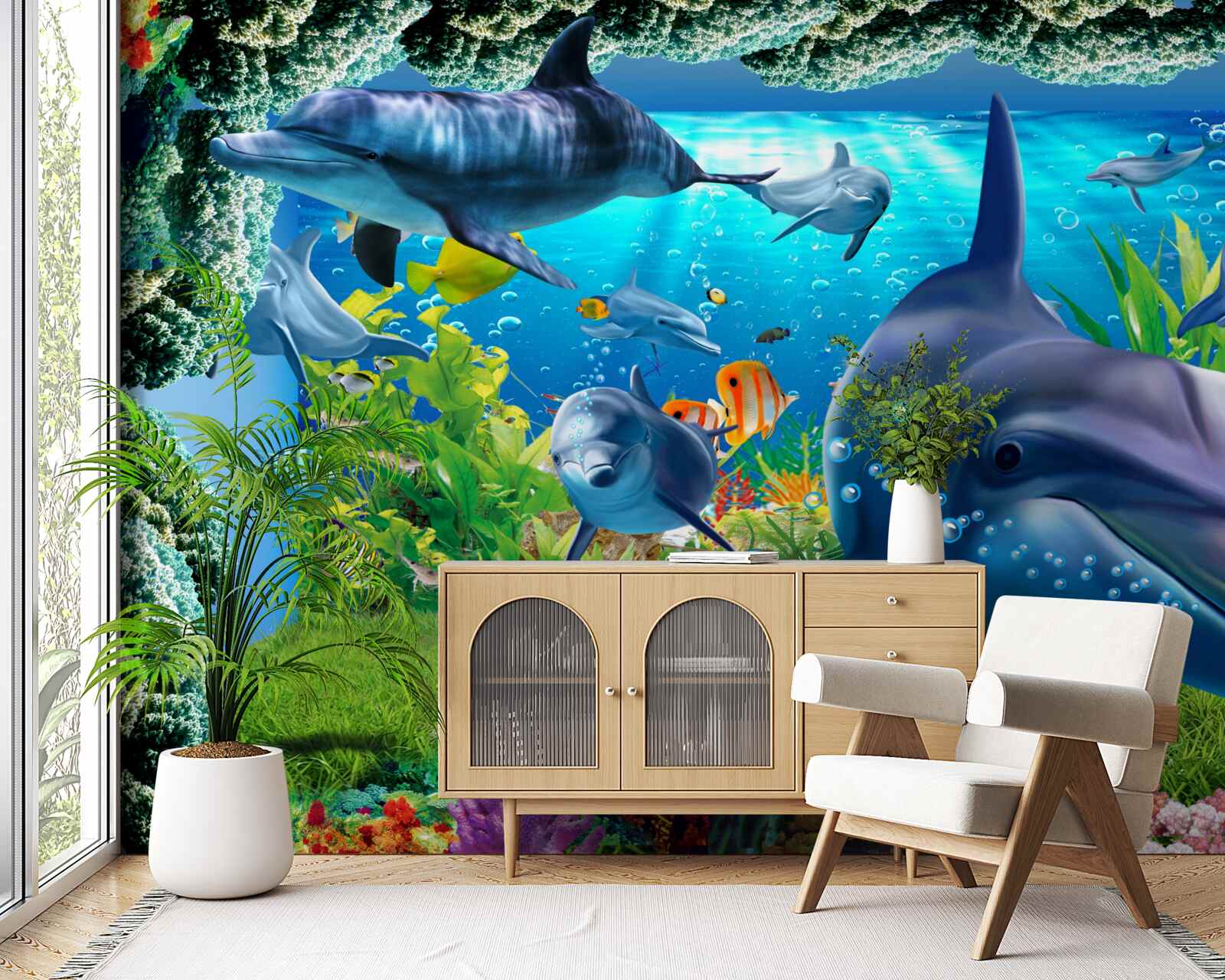 Carta da parati delfini nell'ambiente acquatico