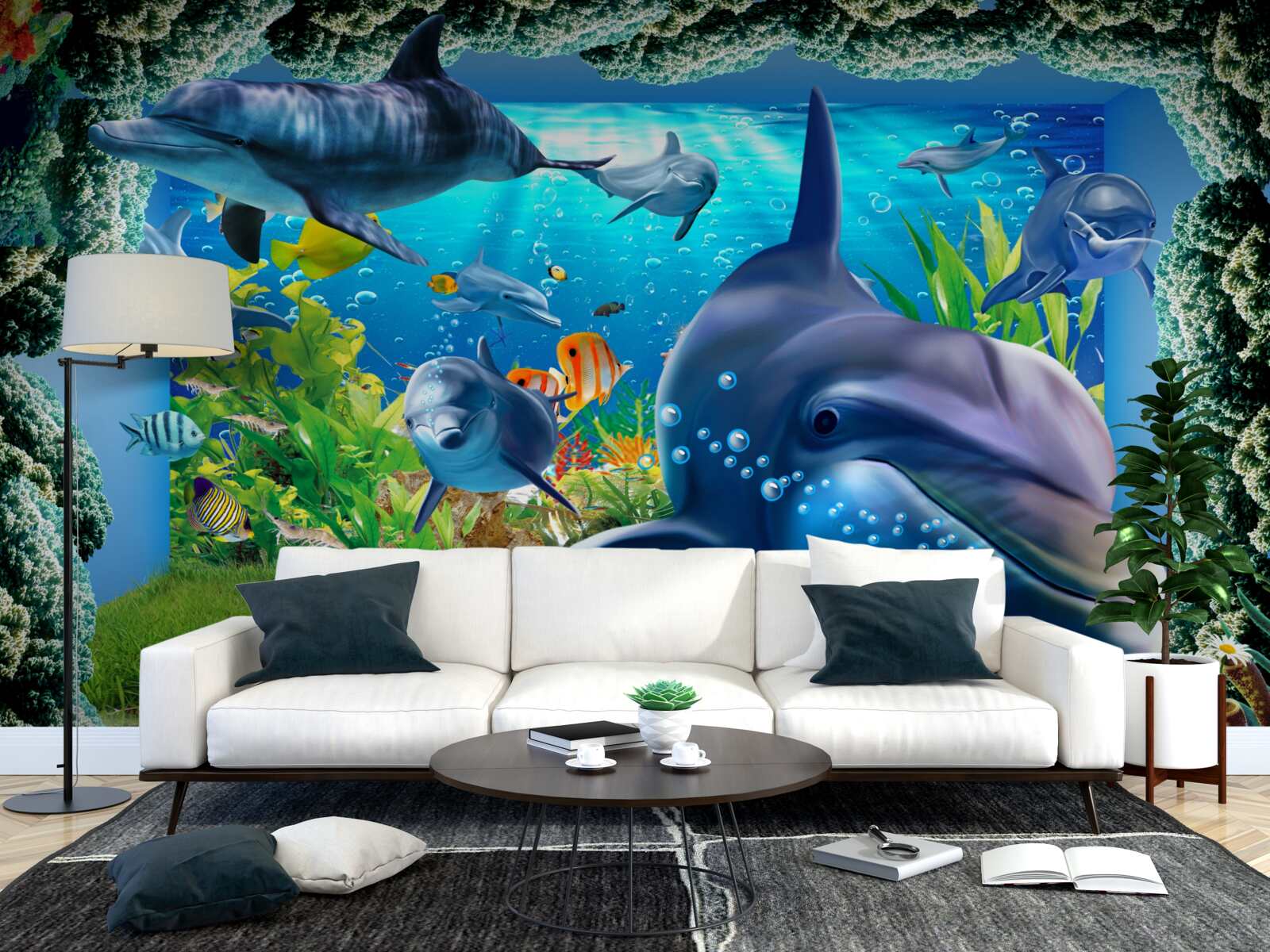 Carta da parati delfini nell'ambiente acquatico