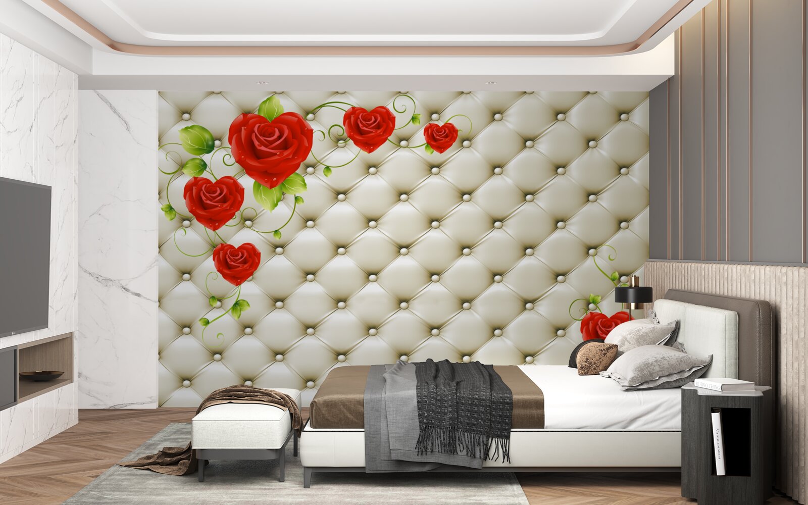 Carta da parati texture in tessuto con elementi decorativi e rose rosse