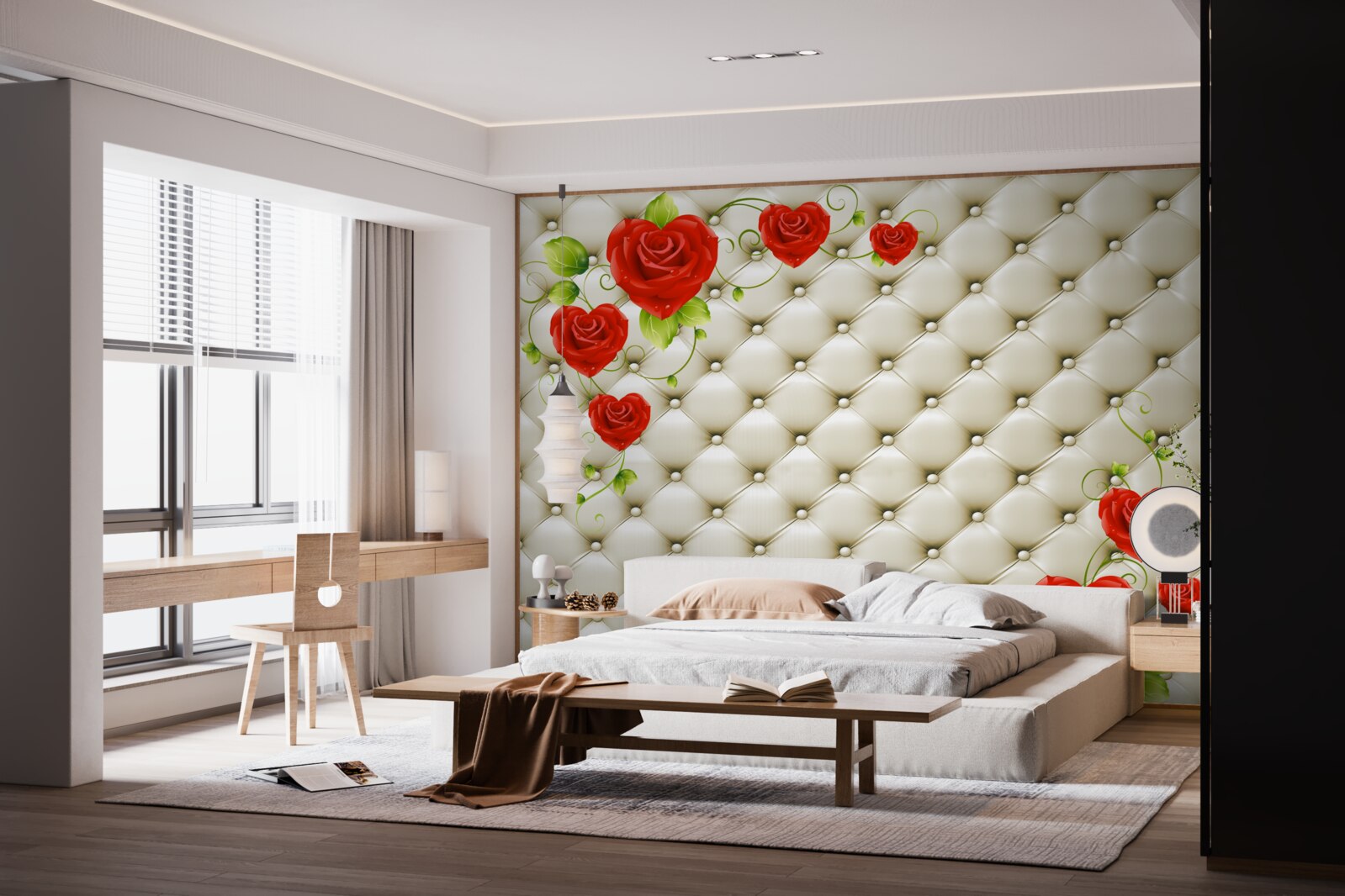 Carta da parati texture in tessuto con elementi decorativi e rose rosse