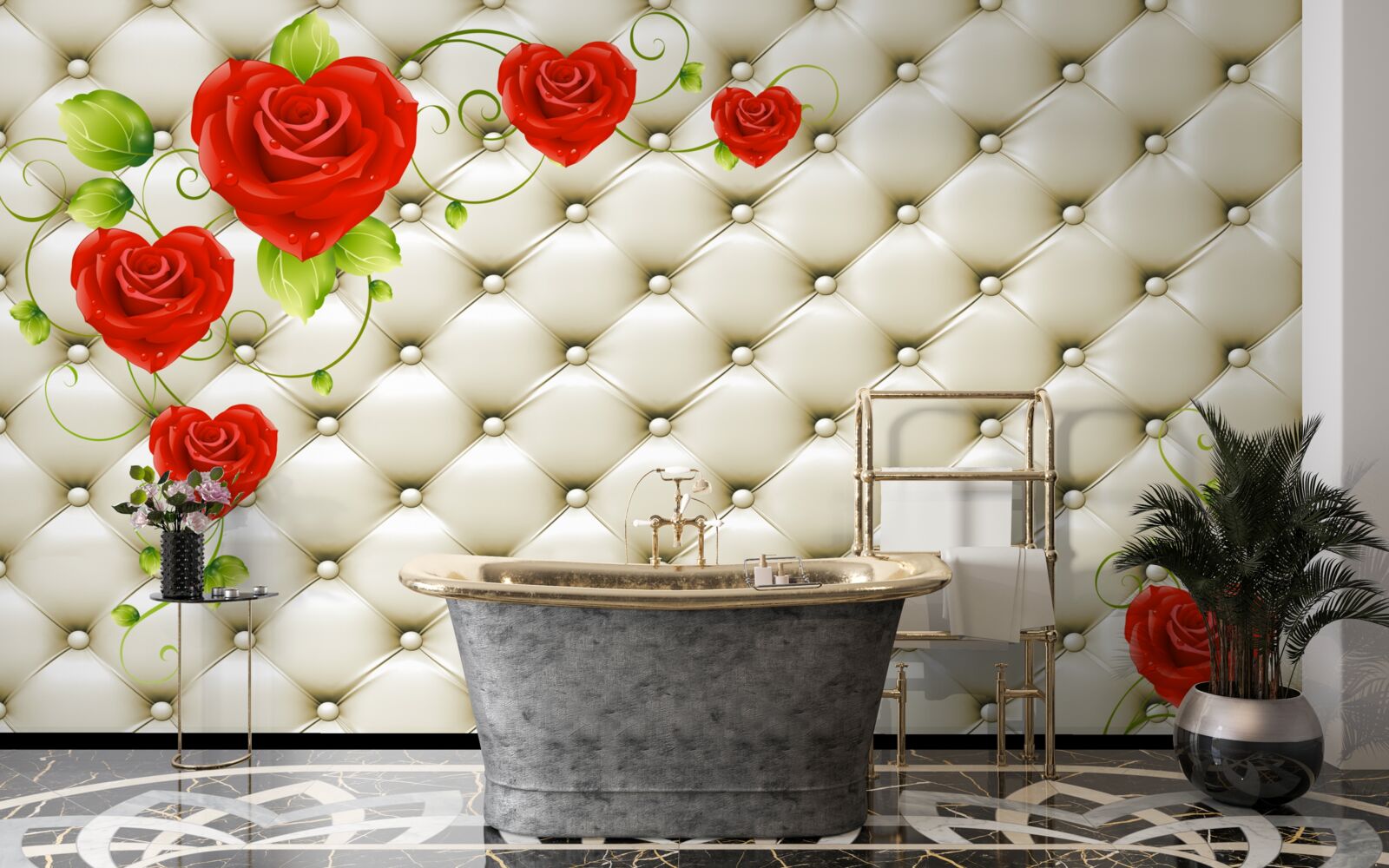 Carta da parati texture in tessuto con elementi decorativi e rose rosse