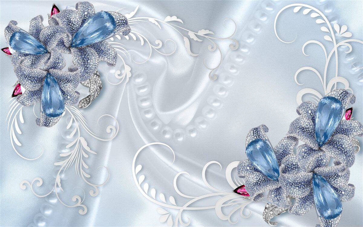Carta da parati fiori esotici intrecciati con argento prezioso e splendide gemme