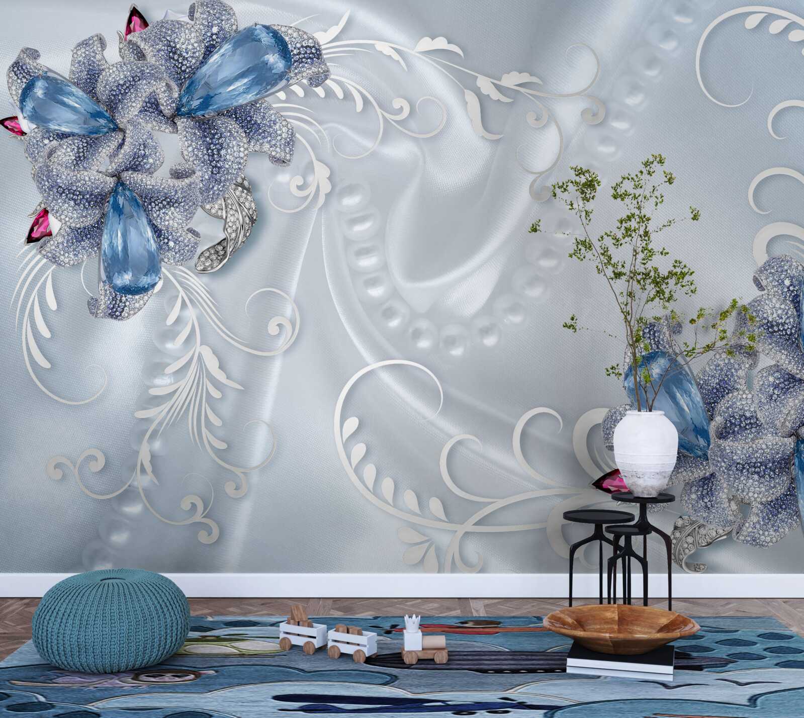 Carta da parati fiori esotici intrecciati con argento prezioso e splendide gemme
