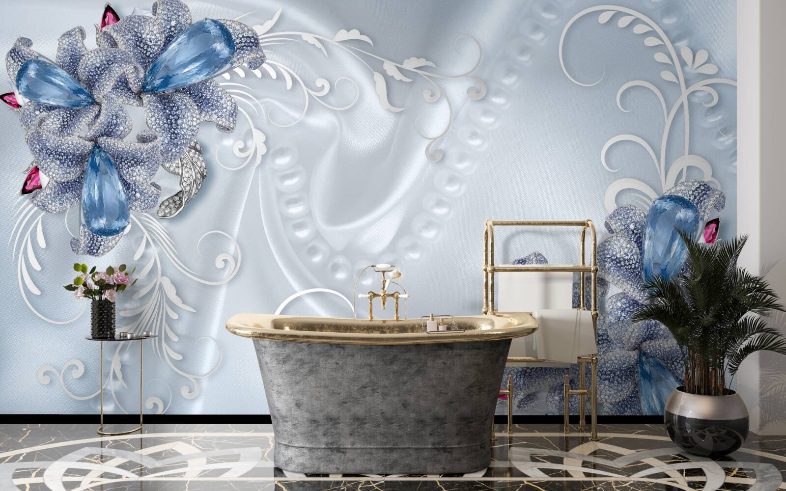Carta da parati fiori esotici intrecciati con argento prezioso e splendide gemme