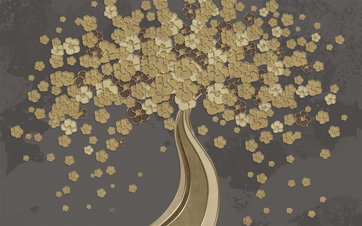 Carta da parati albero notturno fiorito d'oro