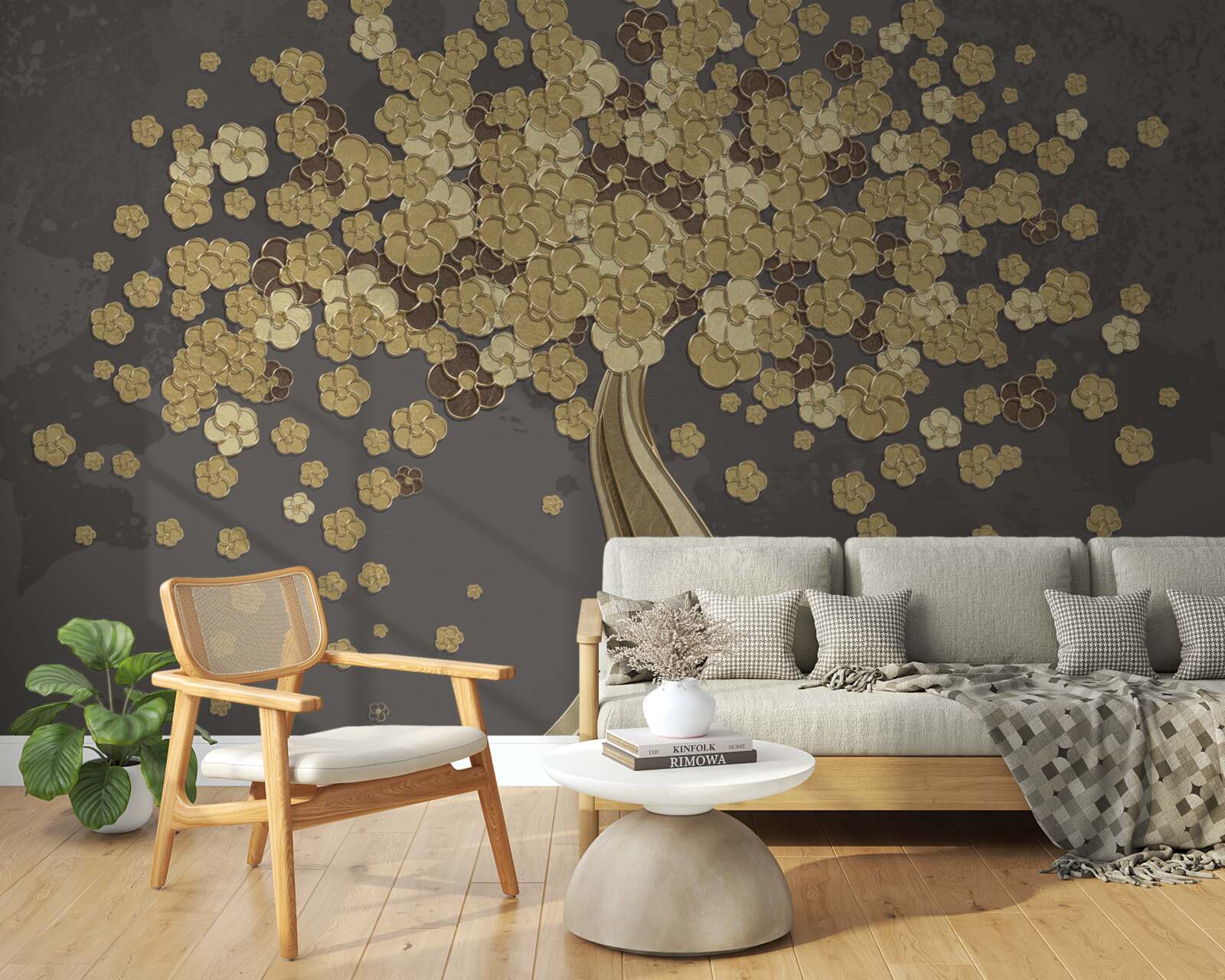 Carta da parati albero notturno fiorito d'oro