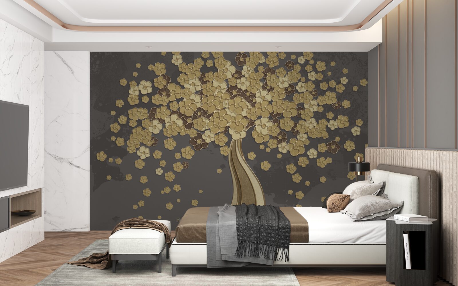 Carta da parati albero notturno fiorito d'oro