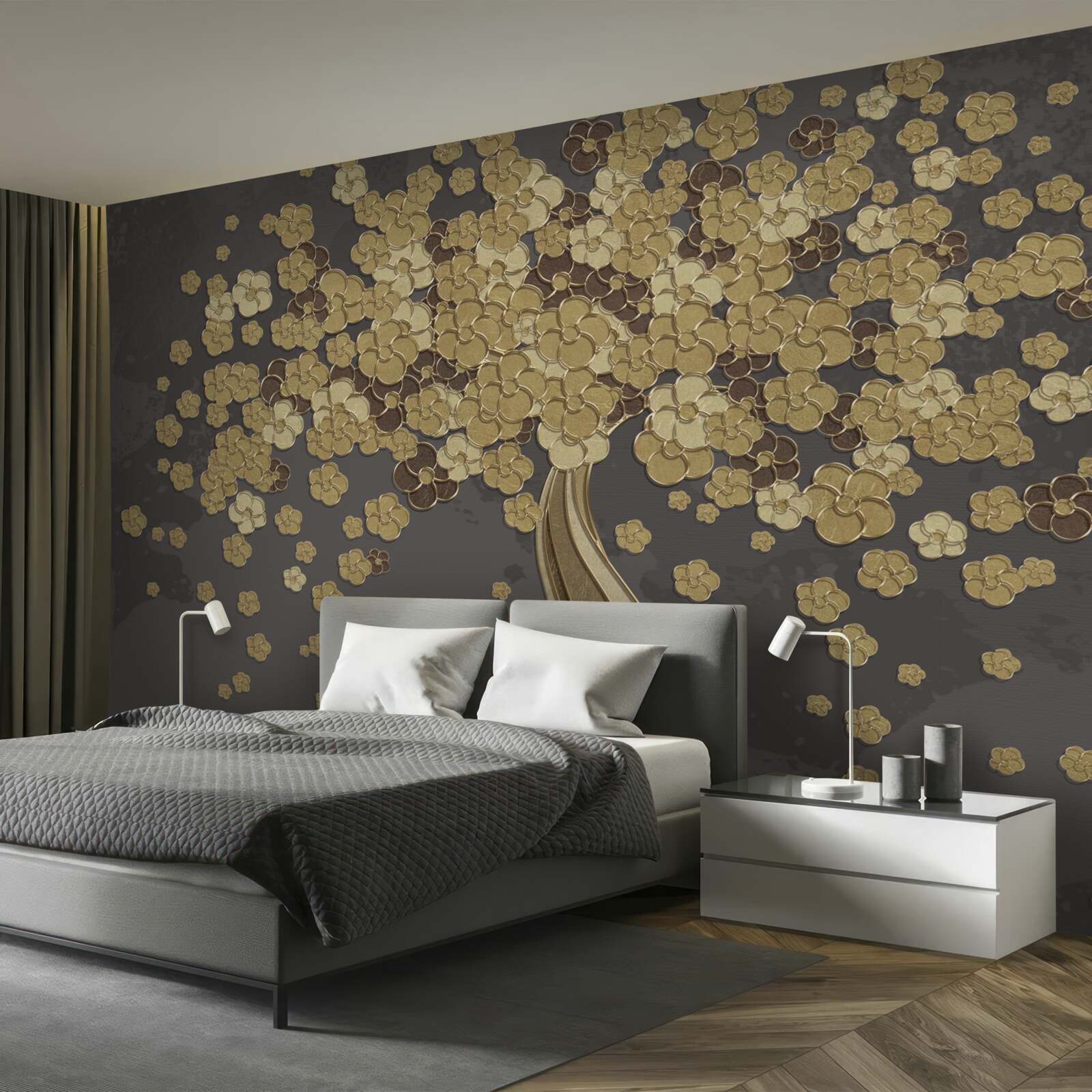 Carta da parati albero notturno fiorito d'oro