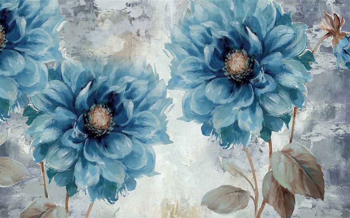 Carta da parati uccelli e fiori blu sotto la pioggia d'estate