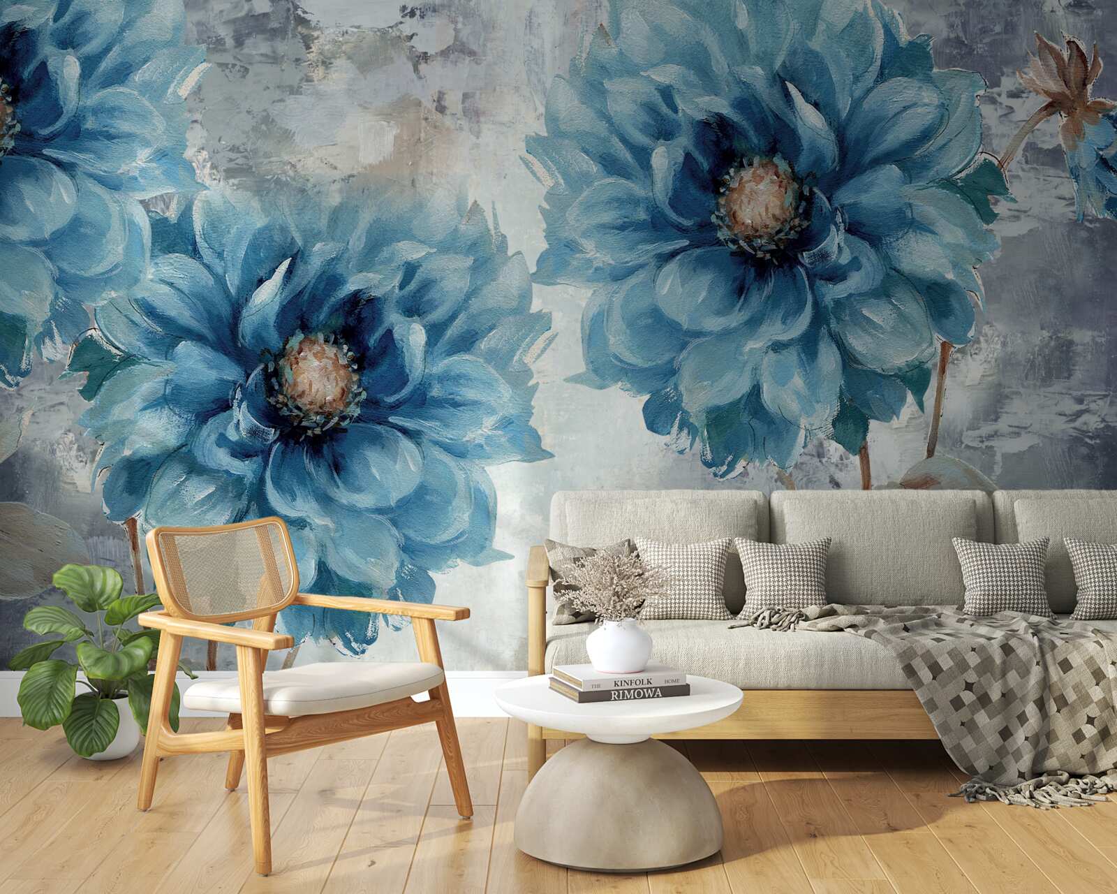 Carta da parati uccelli e fiori blu sotto la pioggia d'estate
