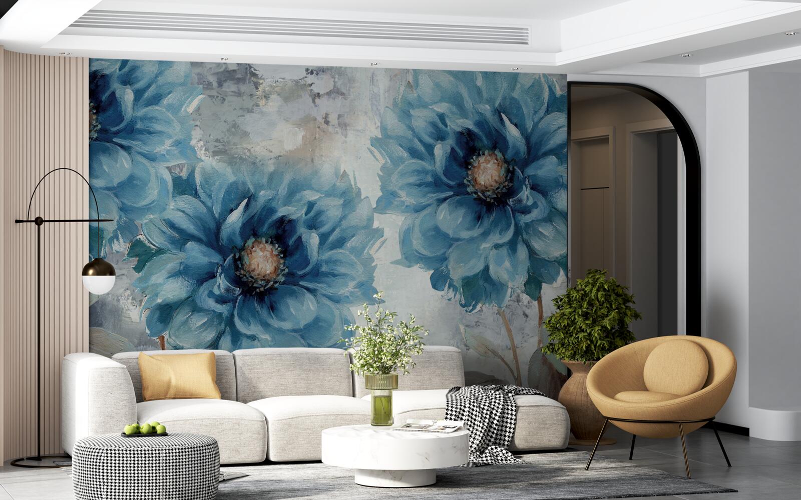 Carta da parati uccelli e fiori blu sotto la pioggia d'estate