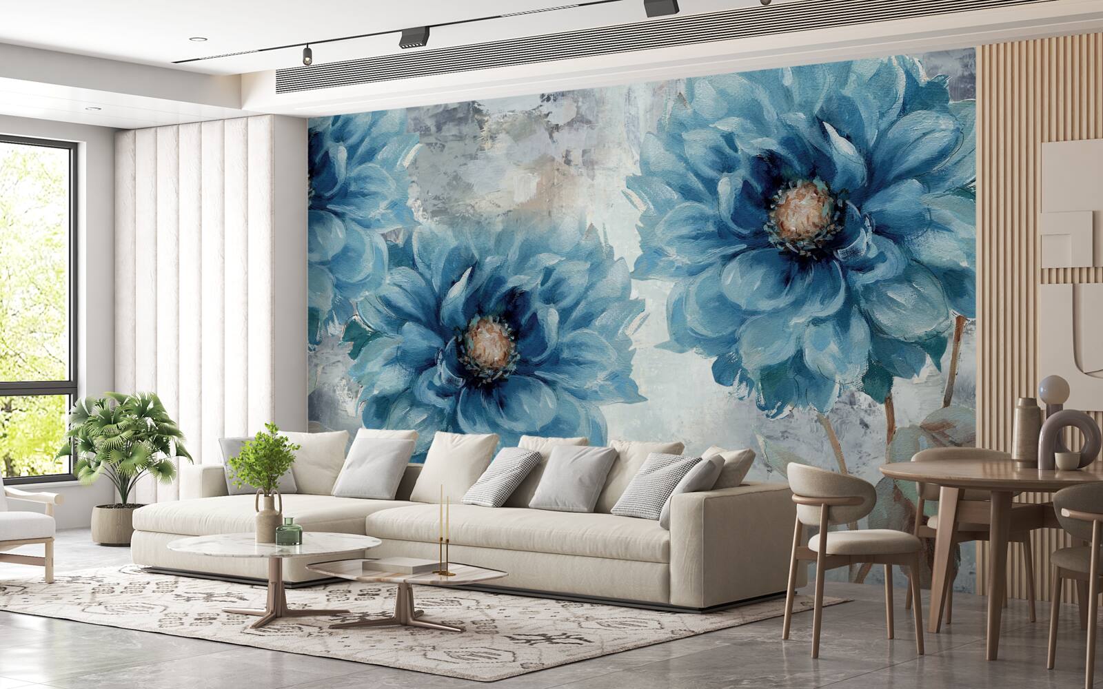Carta da parati uccelli e fiori blu sotto la pioggia d'estate