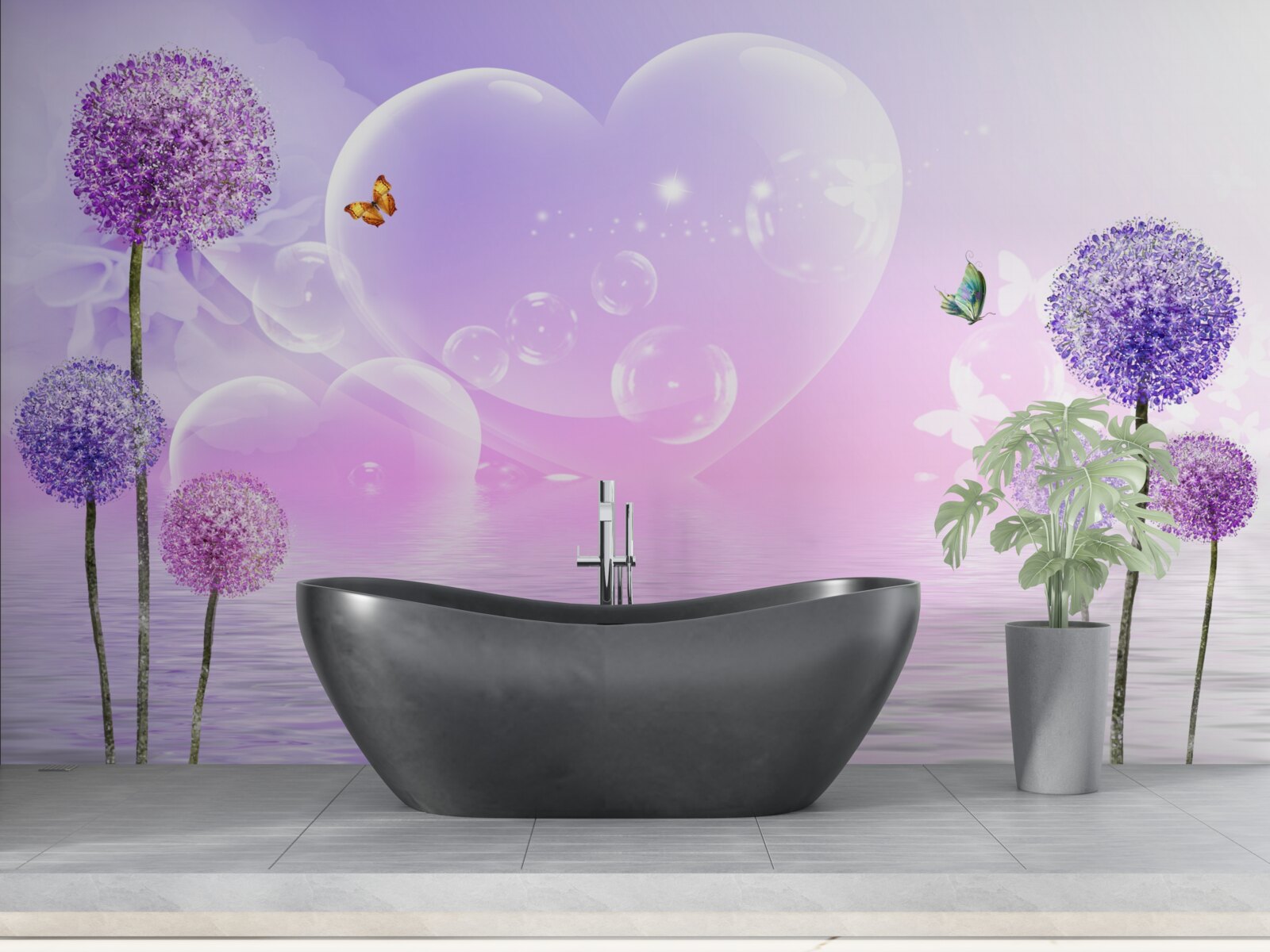 Carta da parati fiori viola su uno sfondo di acqua e cuori