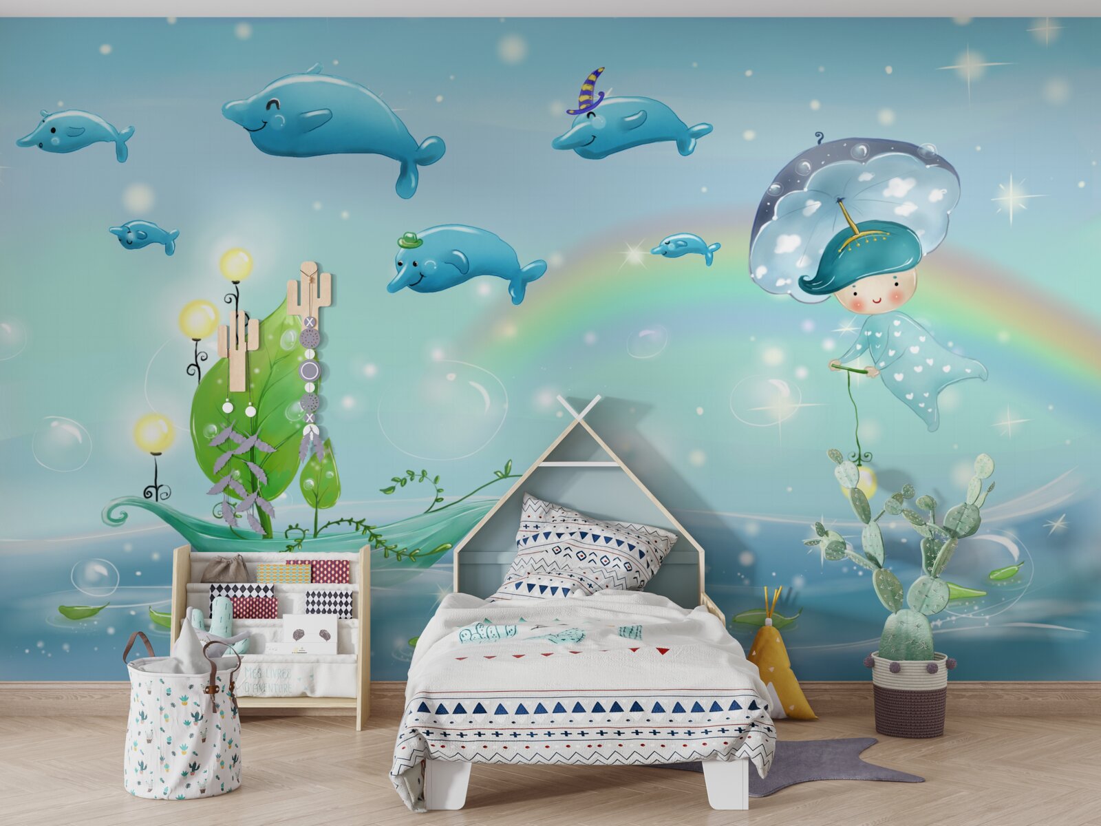 Carta da parati delfini con un sorriso e un bambino