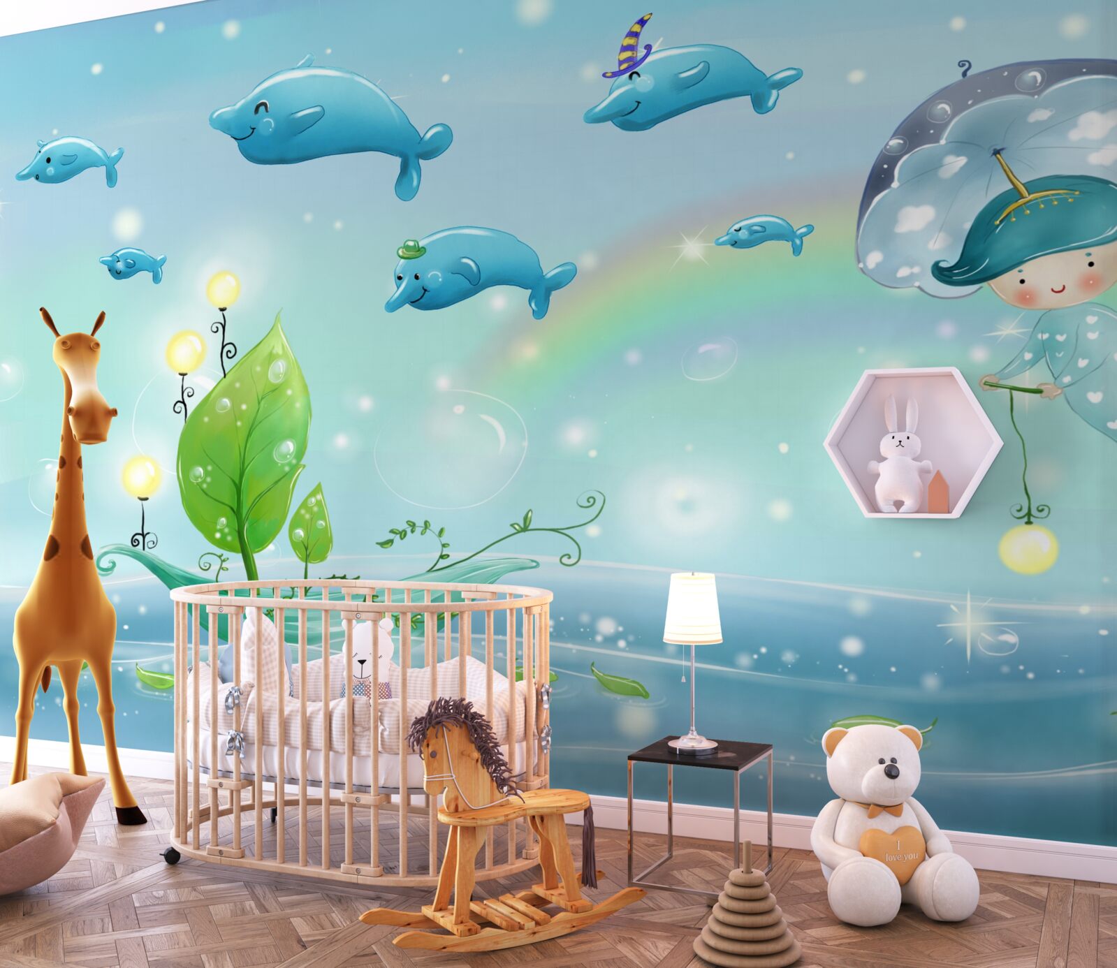 Carta da parati delfini con un sorriso e un bambino